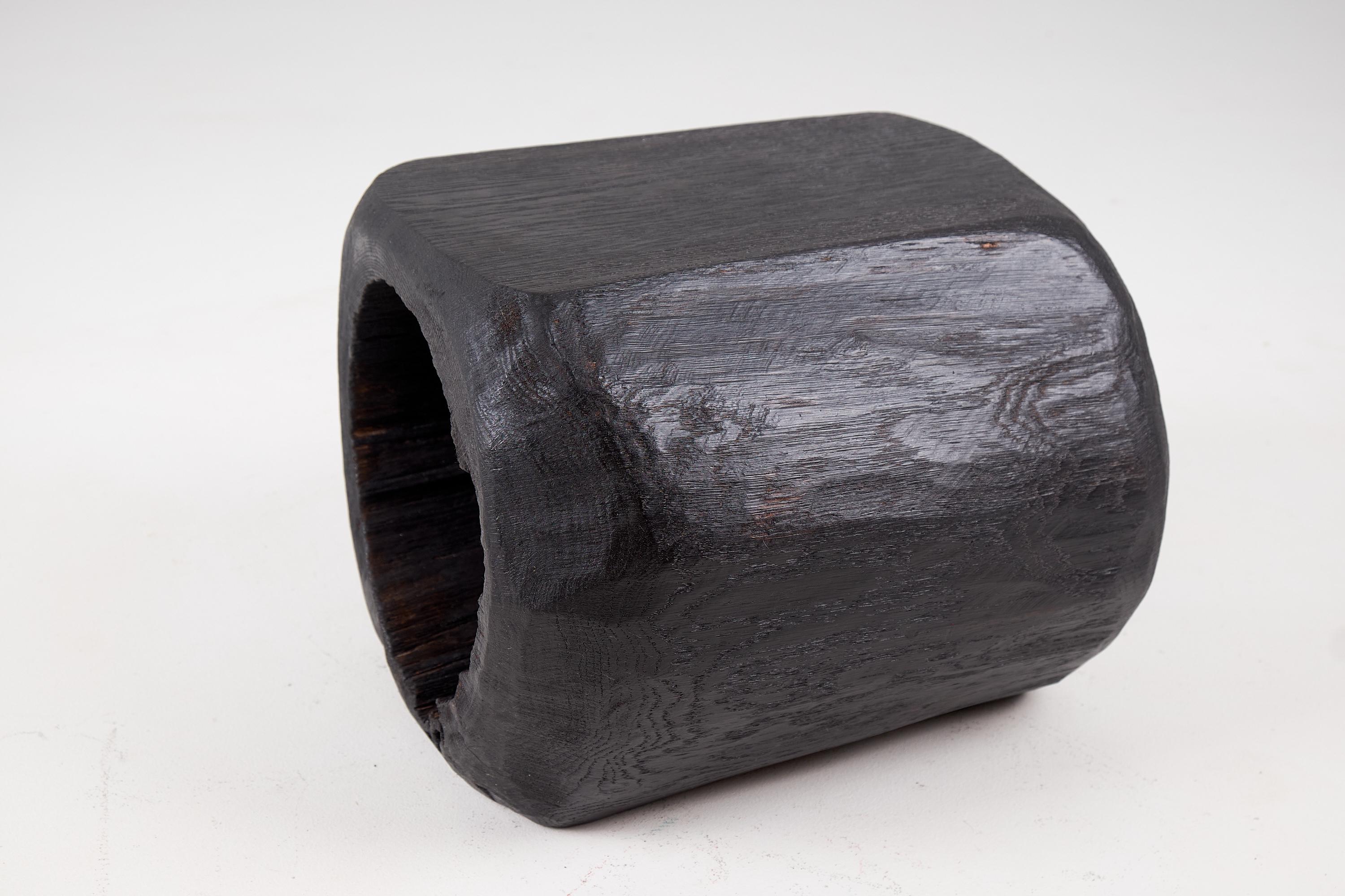Hand-Crafted Logniture, Log Furniture, Rustic Side Table, Stool, Burnt Black Oak Wood For Sale