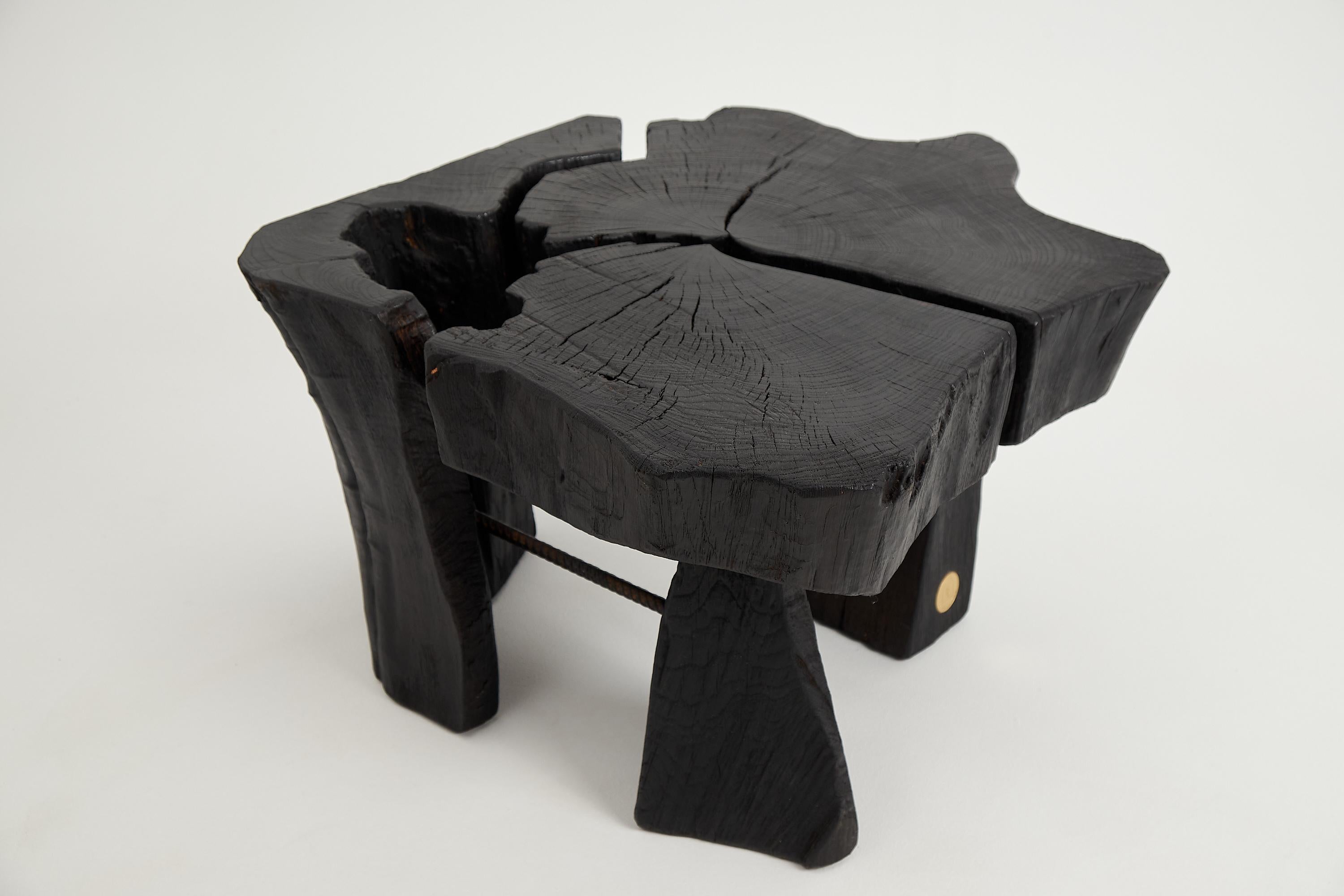 Table basse sculptée à la tronçonneuse. Sculpté dans une seule pièce de bois de chêne brûlé et protégé par des huiles de la plus haute qualité, il est durable pour des générations. Un tel design unique fait à la main mettra en valeur votre intérieur