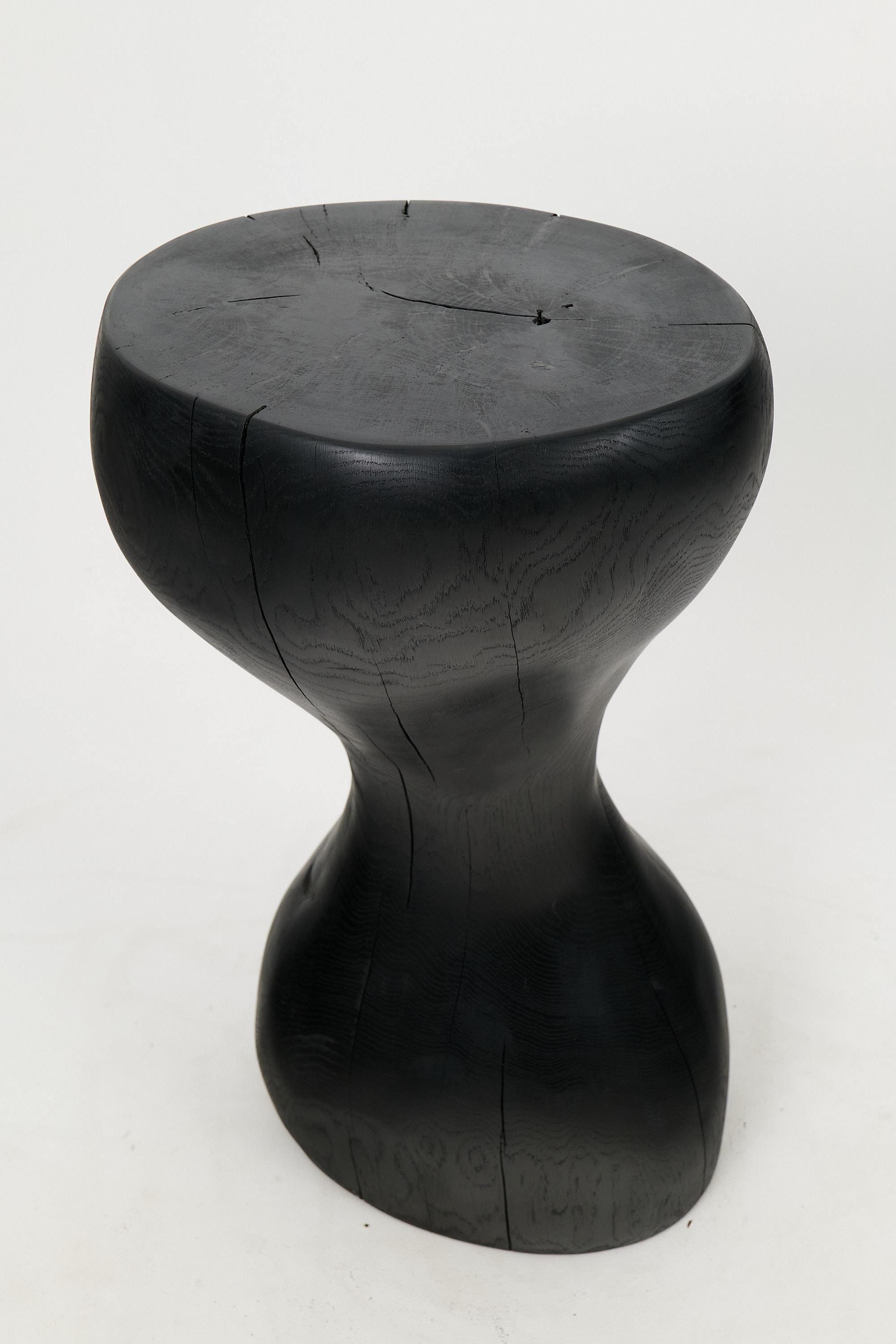Contemporary Logniture, Sculptural Side Table,  End Table, Burnt Black Wood, Carved, Unique For Sale