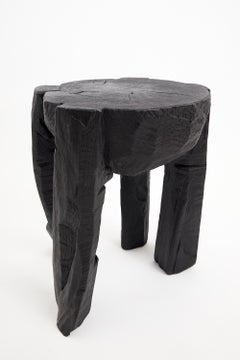 Side Table, Solid Burnt Wood, Oak, Chainsaw Carved, Rustic, Logniture