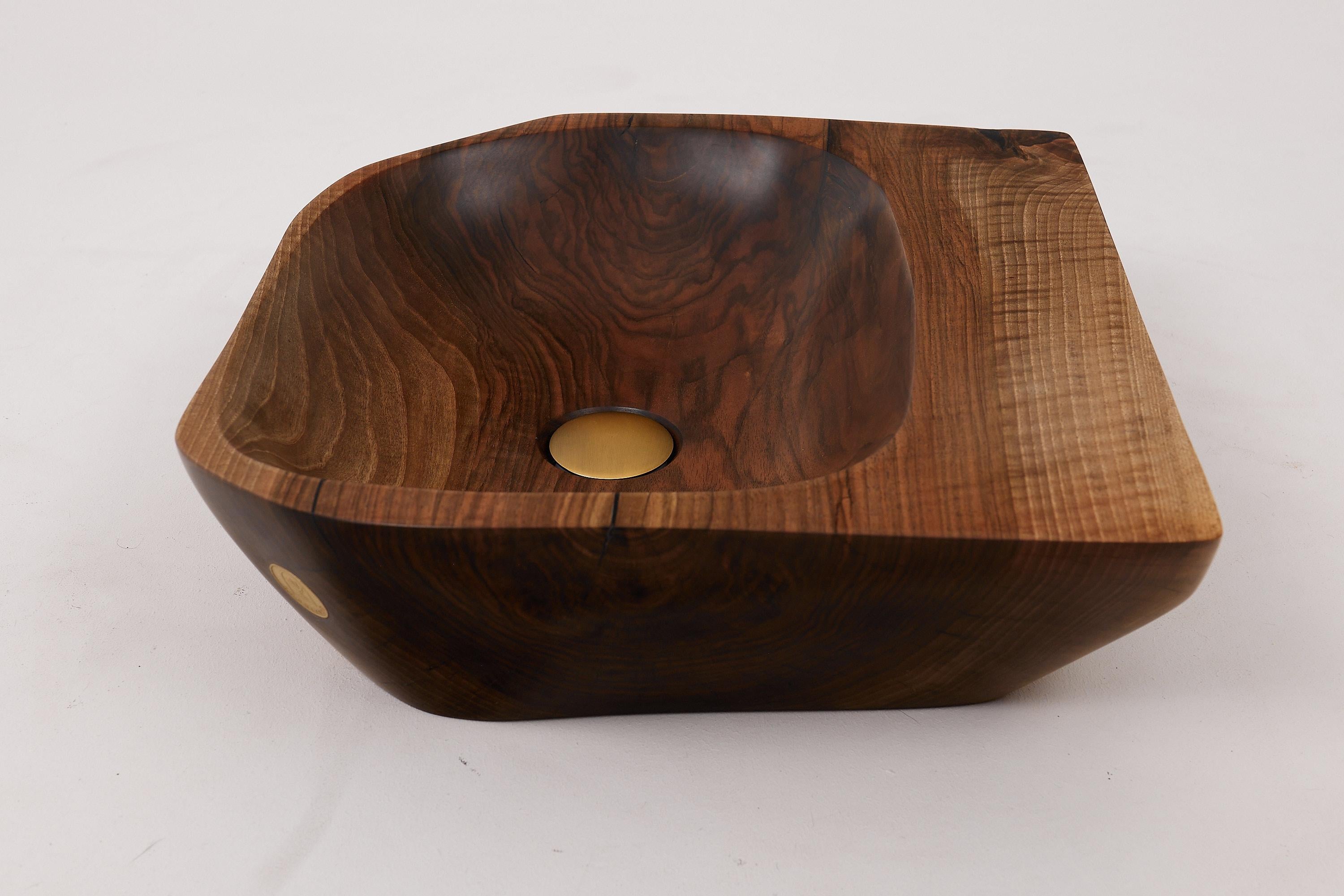 Mueble de tronco, Madera maciza de nogal tallada, Lavabo de baño, Trabajo original hecho a mano Tallado