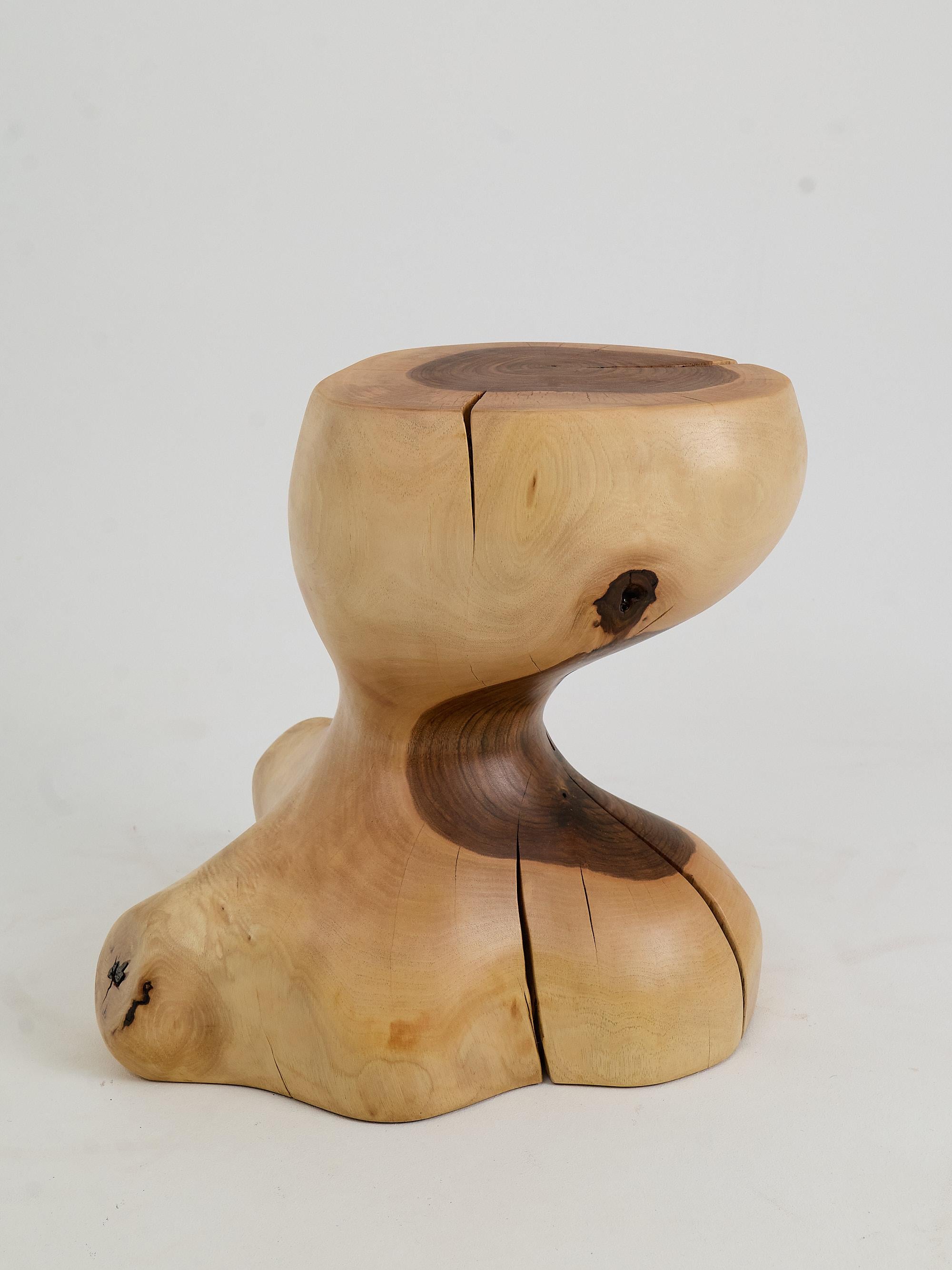 Escultura funcional única de madera tallada con motosierra, utilizable como mesa auxiliar. Tallado a partir de una sola pieza de madera y protegido con aceites de la más alta calidad, lo que garantiza su durabilidad durante generaciones. Natural,