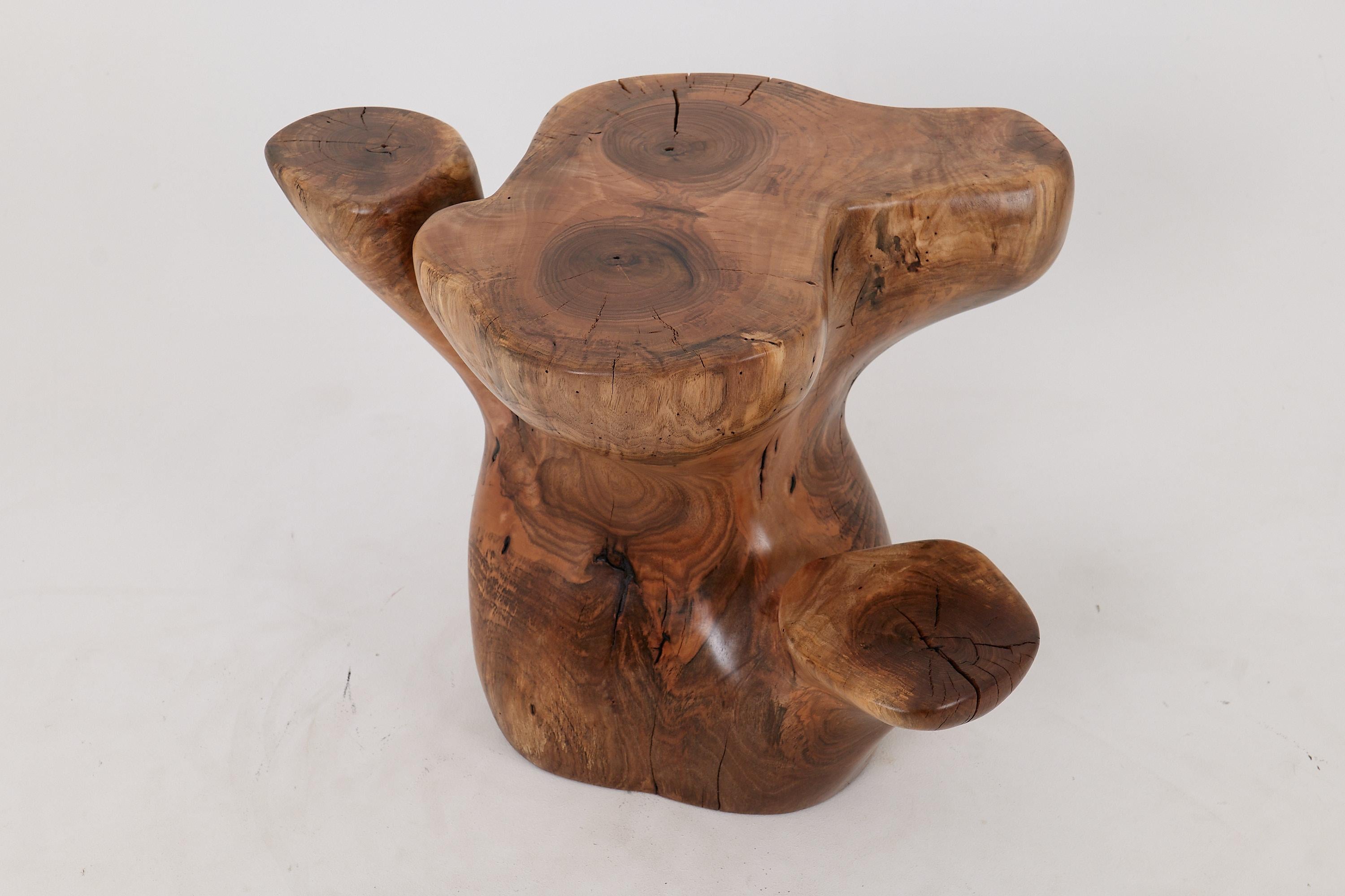 El taburete/mesa auxiliar de nogal hecho a mano ejemplifica la belleza de la artesanía con su diseño elegantemente curvado. Cada curva está meticulosamente moldeada para proporcionar no sólo atractivo estético, sino también comodidad y