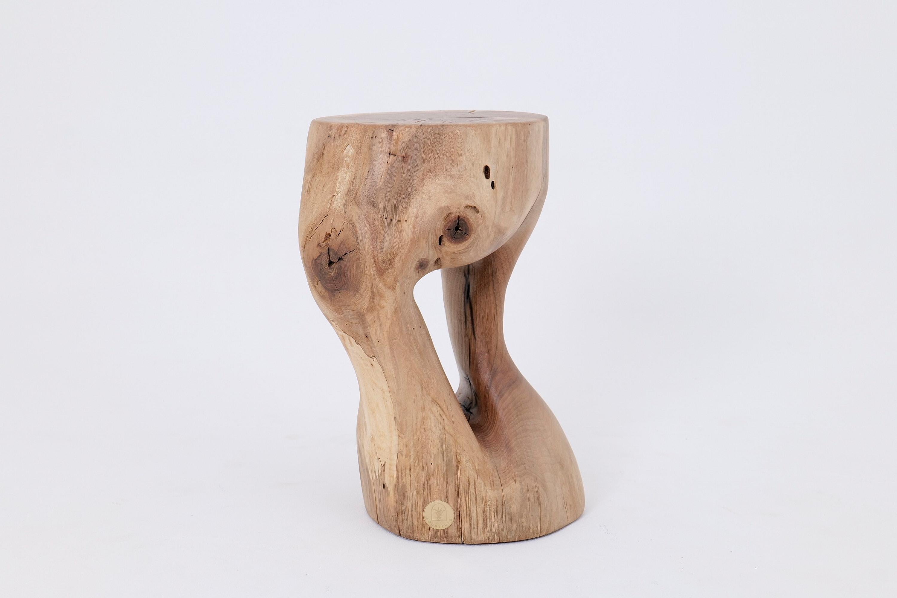 Cette table d'appoint sculpturale est sculptée à la main dans un seul bloc de bois dur massif, en suivant le mouvement naturel du grain et des nœuds. Sa forme s'élève en une courbe organique, avec un creux fluide au centre qui donne à la pièce à la