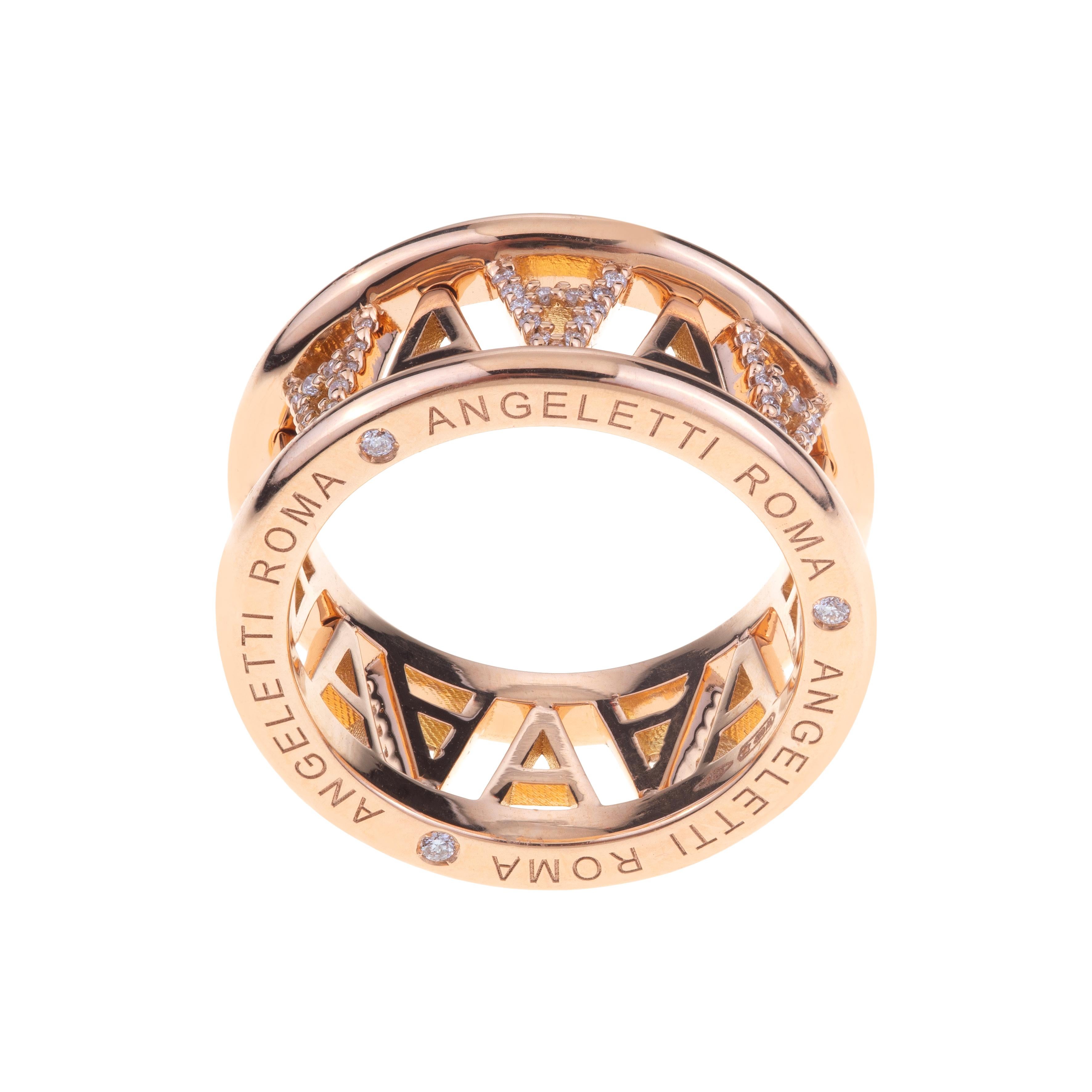 Logo d'Angeletti. Bague en or rose avec « A » alternative et diamants jaunes Pour femmes en vente