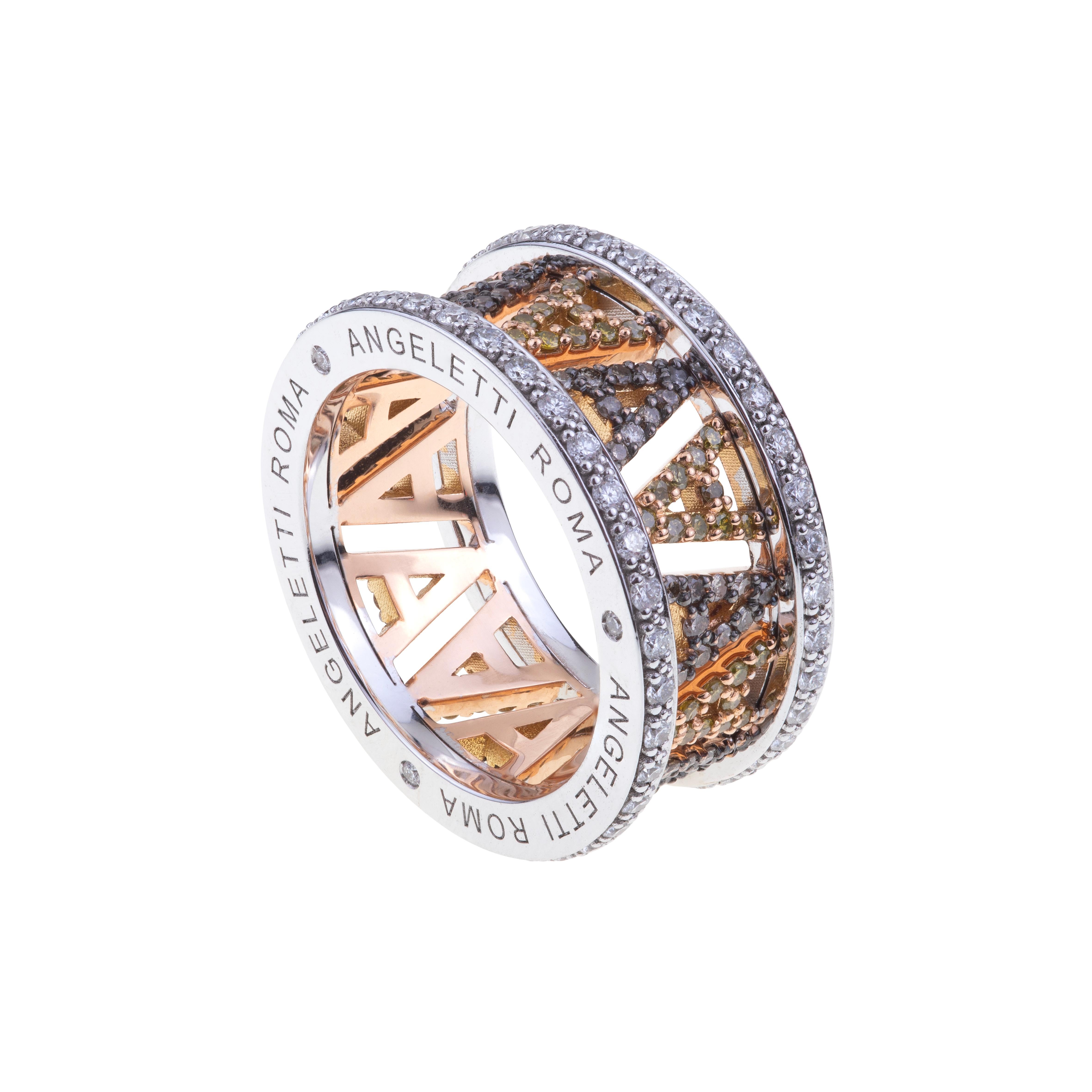 Modern Logo by Angeletti. Rose Gold Ring with Yellow and Brown Diamonds For Sale