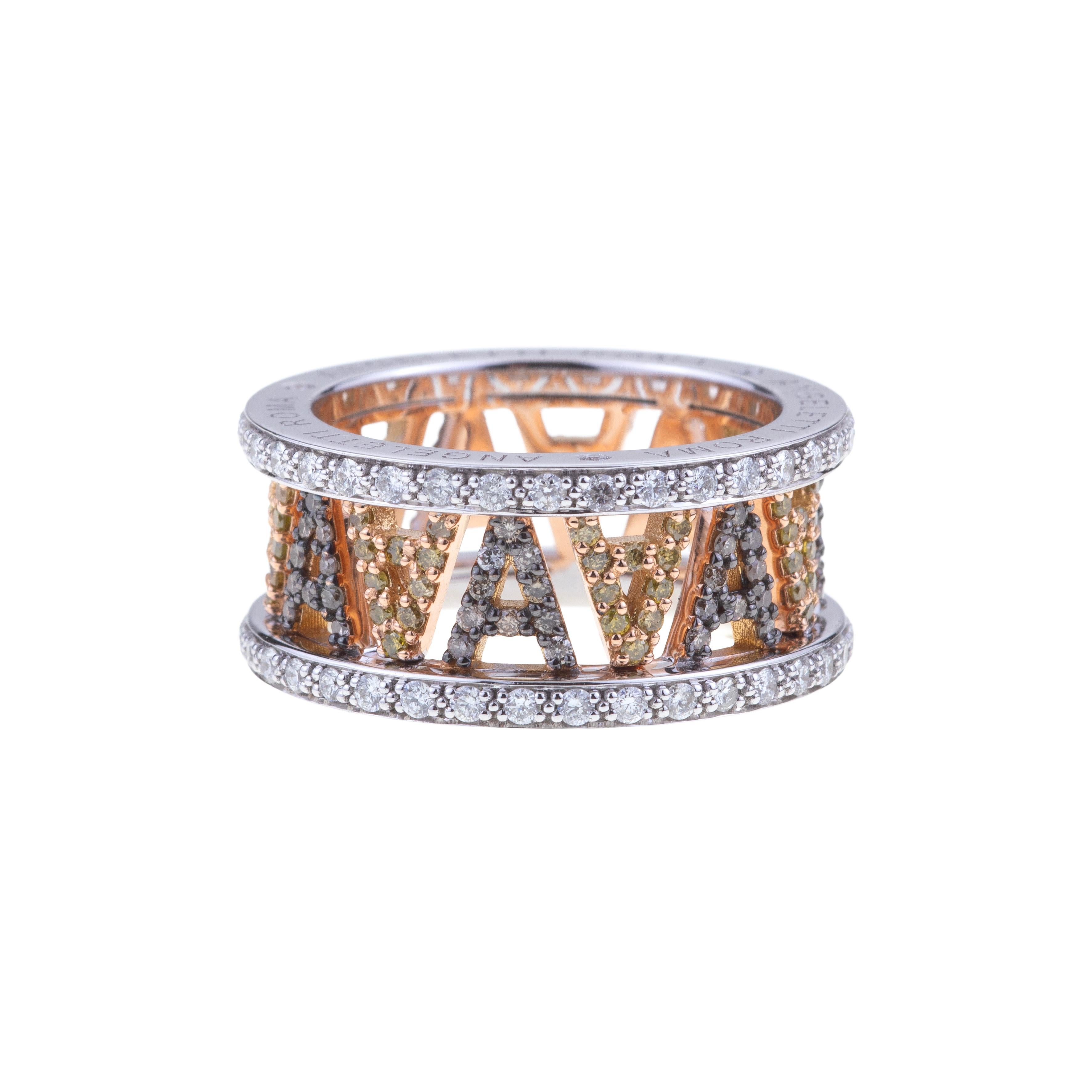Brilliant Cut Logo by Angeletti. Rose Gold Ring with Yellow and Brown Diamonds For Sale