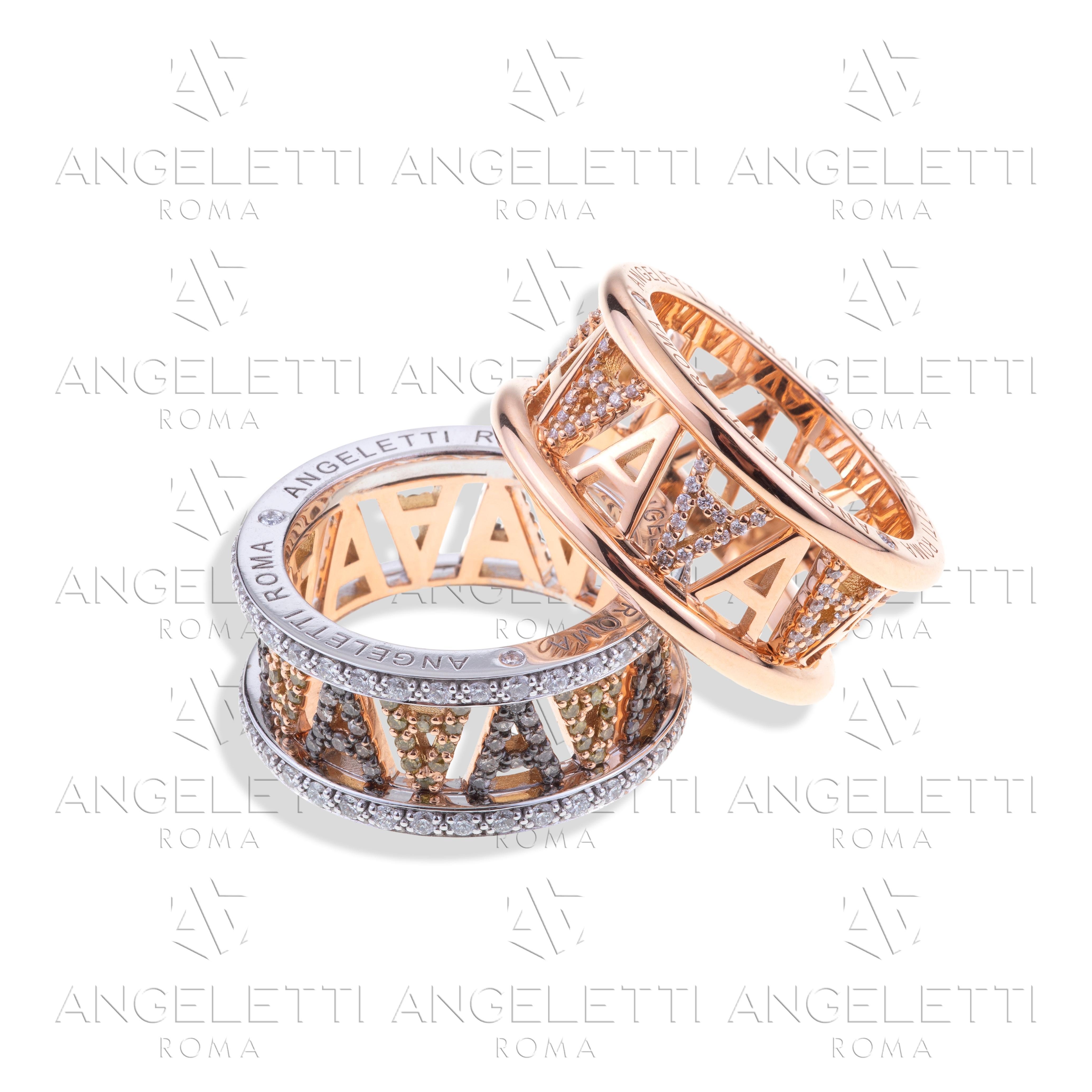 Logo d'Angeletti. Bague en or rose avec diamants jaunes et bruns en vente 2