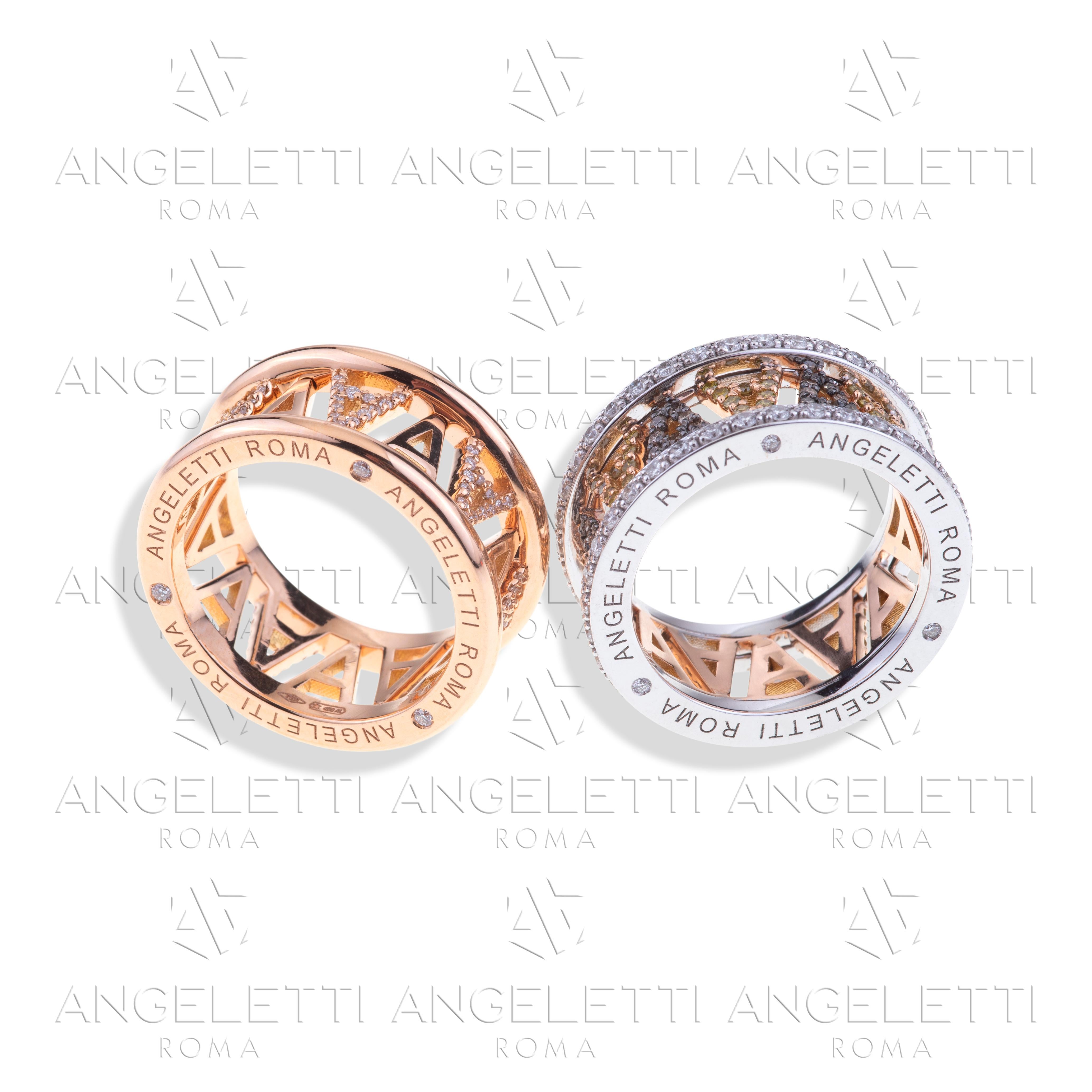 Logo d'Angeletti. Bague en or rose avec diamants jaunes et bruns en vente 3