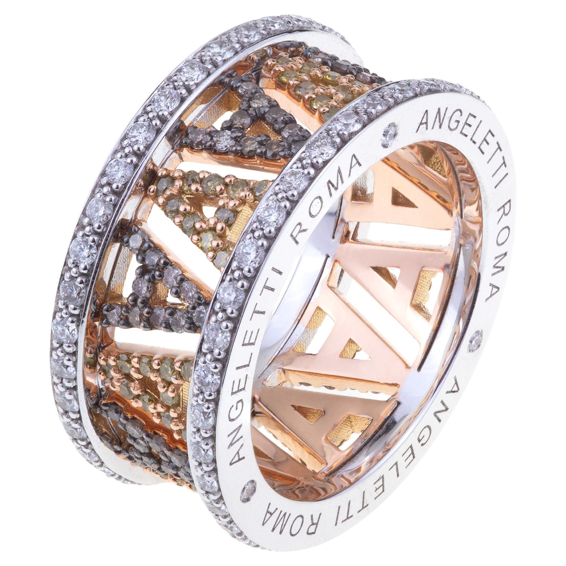 Logo d'Angeletti. Bague en or rose avec diamants jaunes et bruns