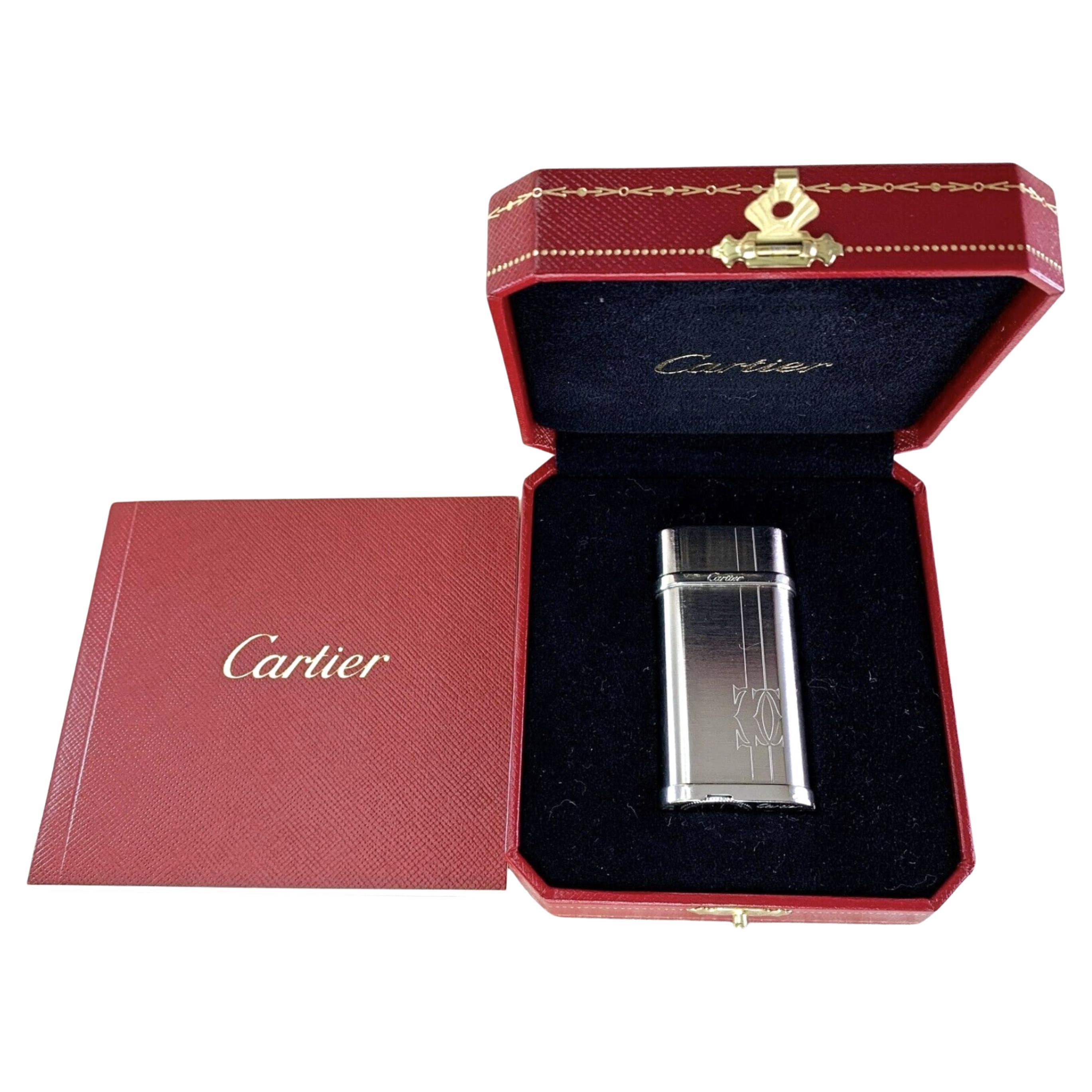 Le Must De Cartier Logo Lines Decor Palladium Lighter & Cartier Case