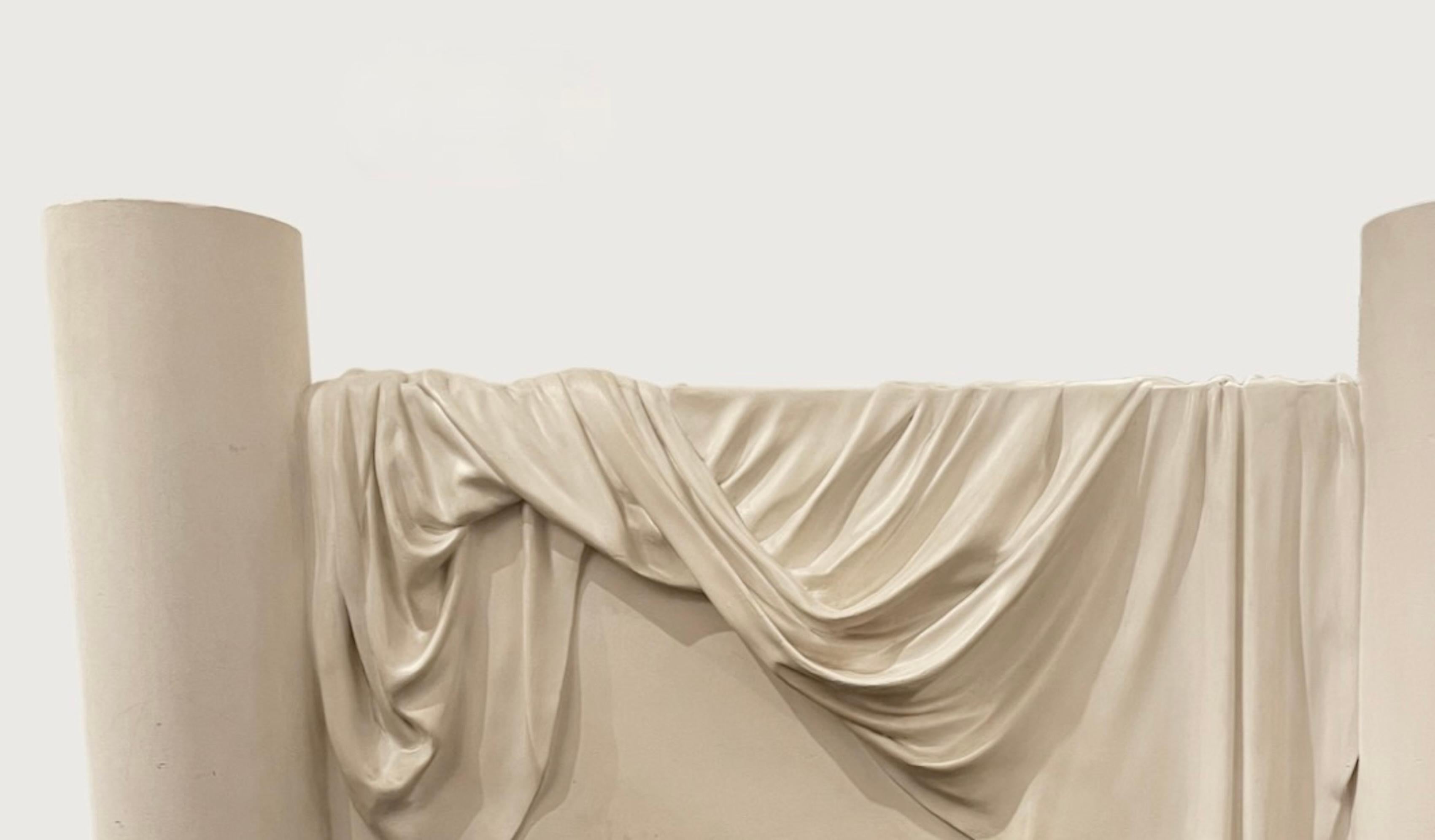 A plaster fire surround with a delicate tromp l’oeil drapery by Loic Beuchet, circa 1980.

Dimensions: Width 145cm x Height 22cm x Depth 30cm  
Hearth opening: 
Height 24.41 in (62 cm)
Width 23.82 in (60.5 cm)
