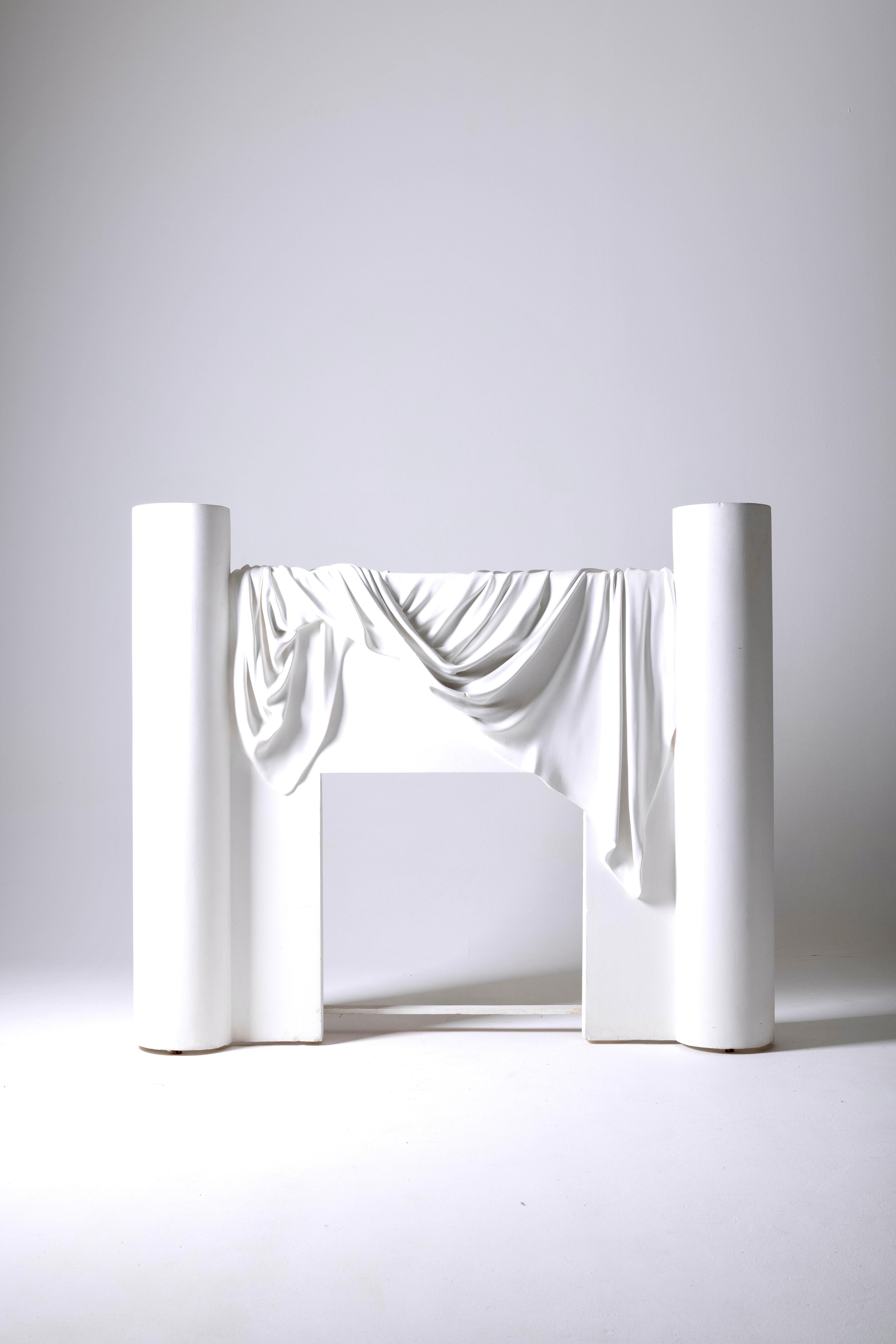 Large Loic Beuchet plaster fireplace surround with trompe-l'oeil drapery detail on the top, Atelier Sedap, 1980s. Some minor chips to note.

LP1248