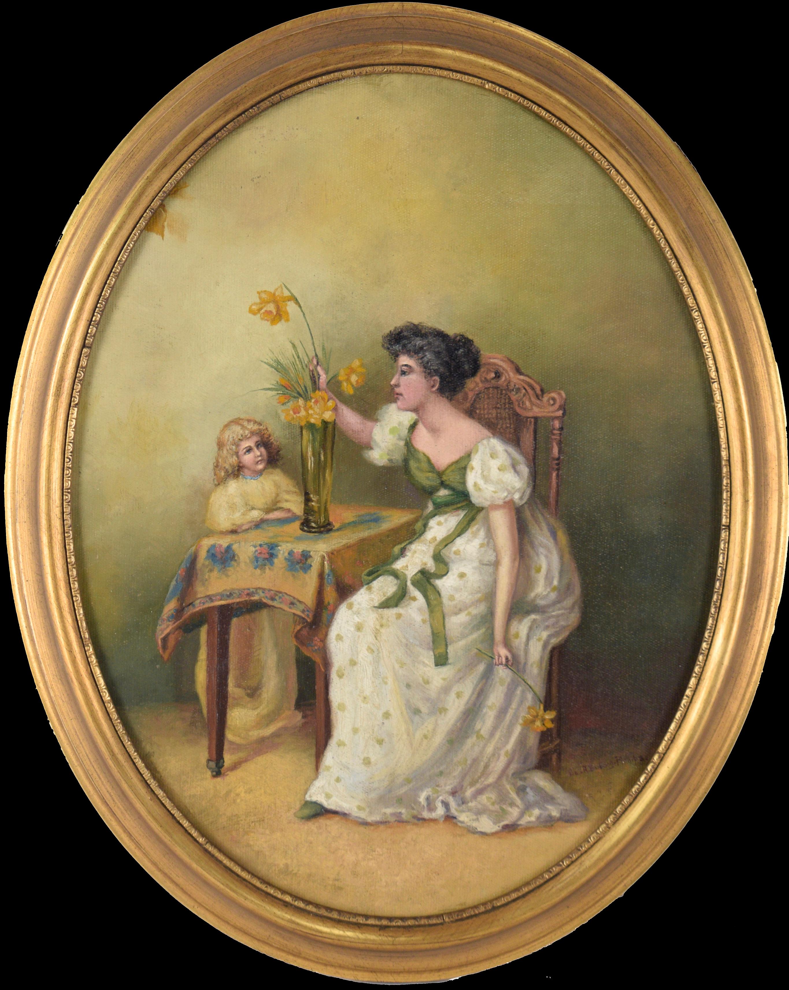 Mother and Daughter Arranging Daffodils in einer Vase – Öl auf Leinwand – Painting von Lois A. Budlong-Phillips