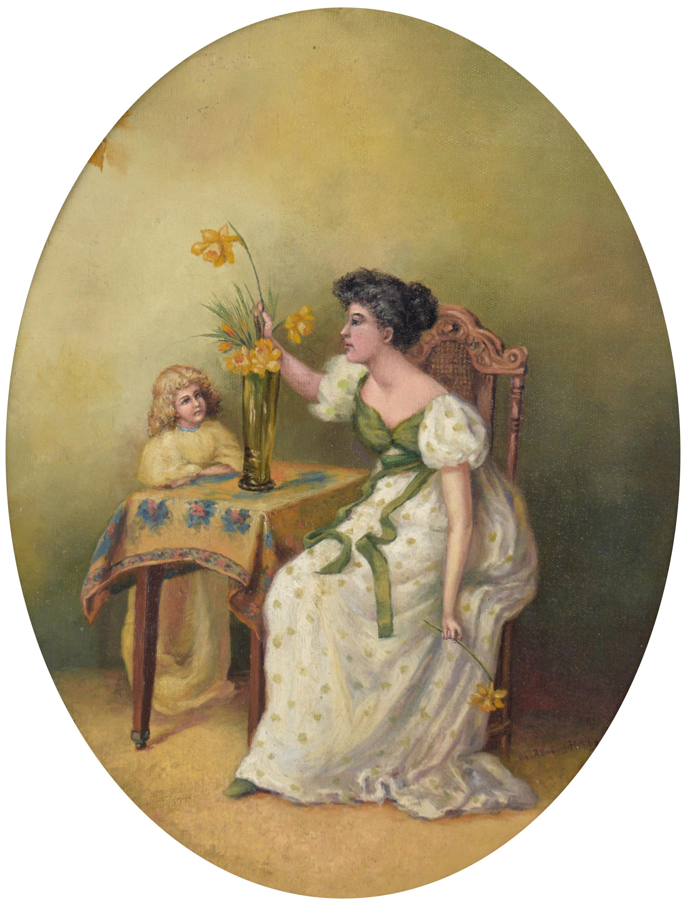 Mother and Daughter Arranging Daffodils in einer Vase – Öl auf Leinwand (Amerikanischer Impressionismus), Painting, von Lois A. Budlong-Phillips