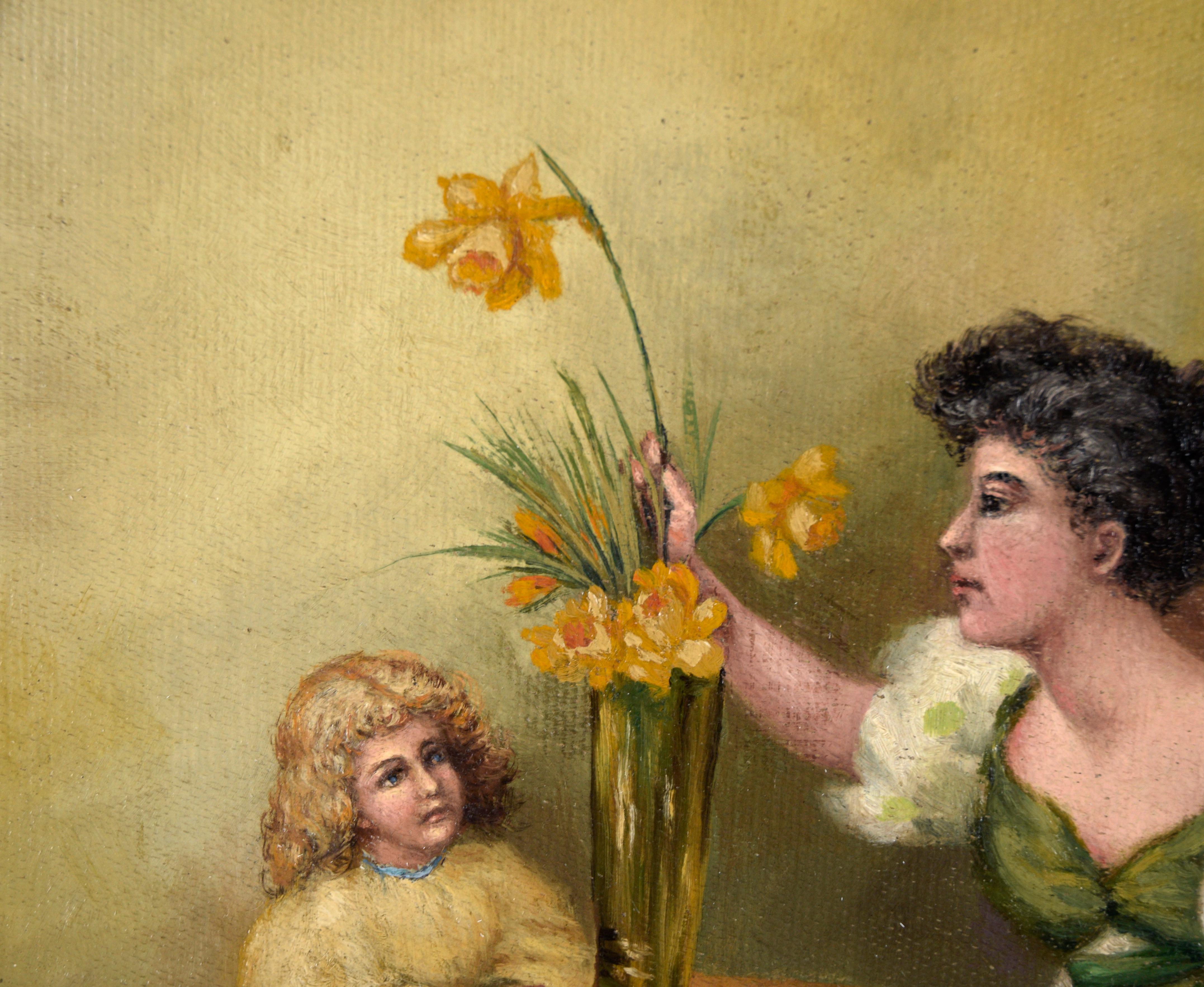 Mother and Daughter Arranging Daffodils in a Vase - Oil on Canvas

Charming depiction of a mother and daughter with daffodils by Lois Amelia Budlong-Phillips (American, 1857-1932). A woman with dark hair is wearing a white and green dress, seated at