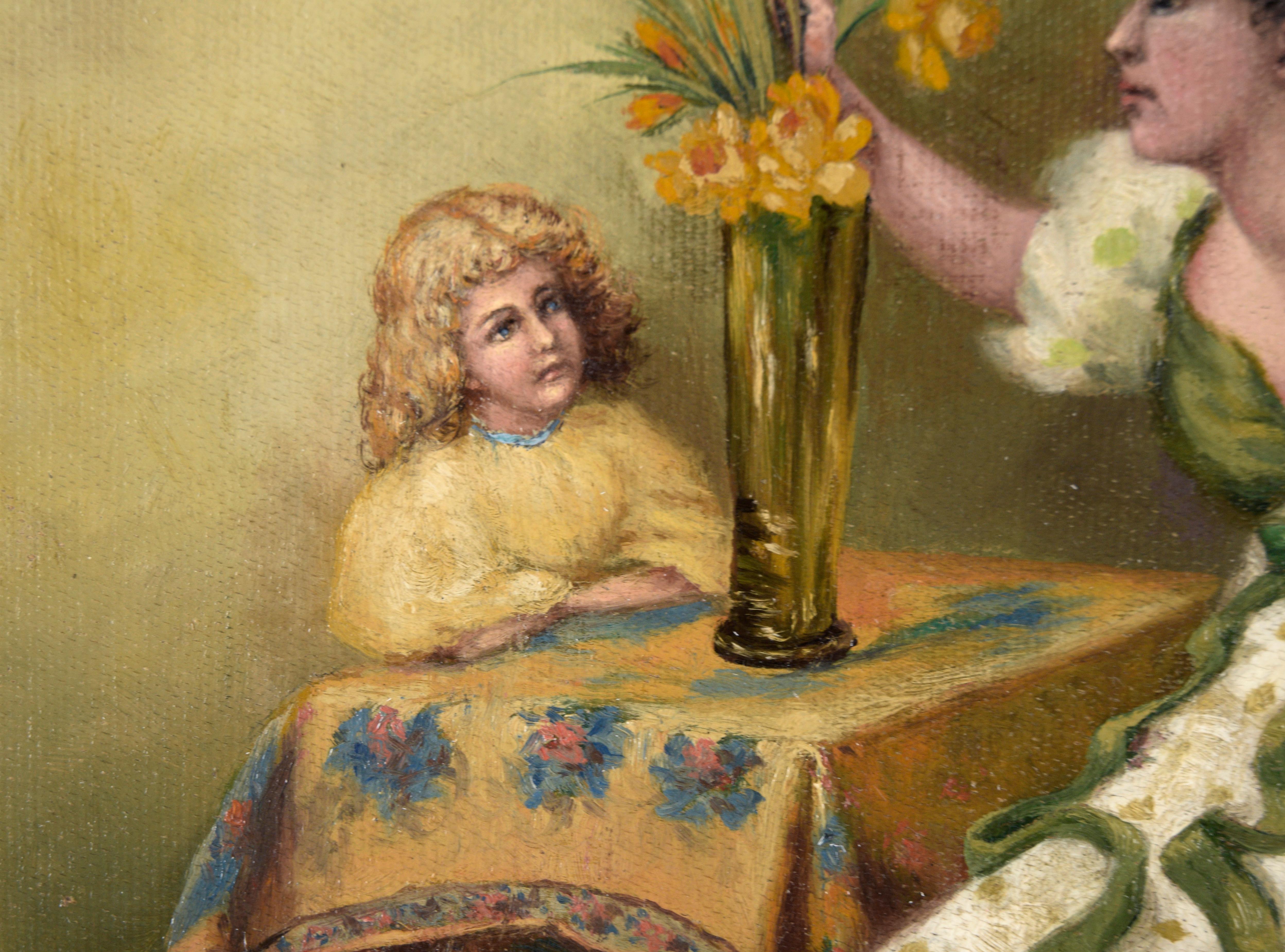 Mother and Daughter Arranging Daffodils in a Vase - Oil on Canvas For Sale 1