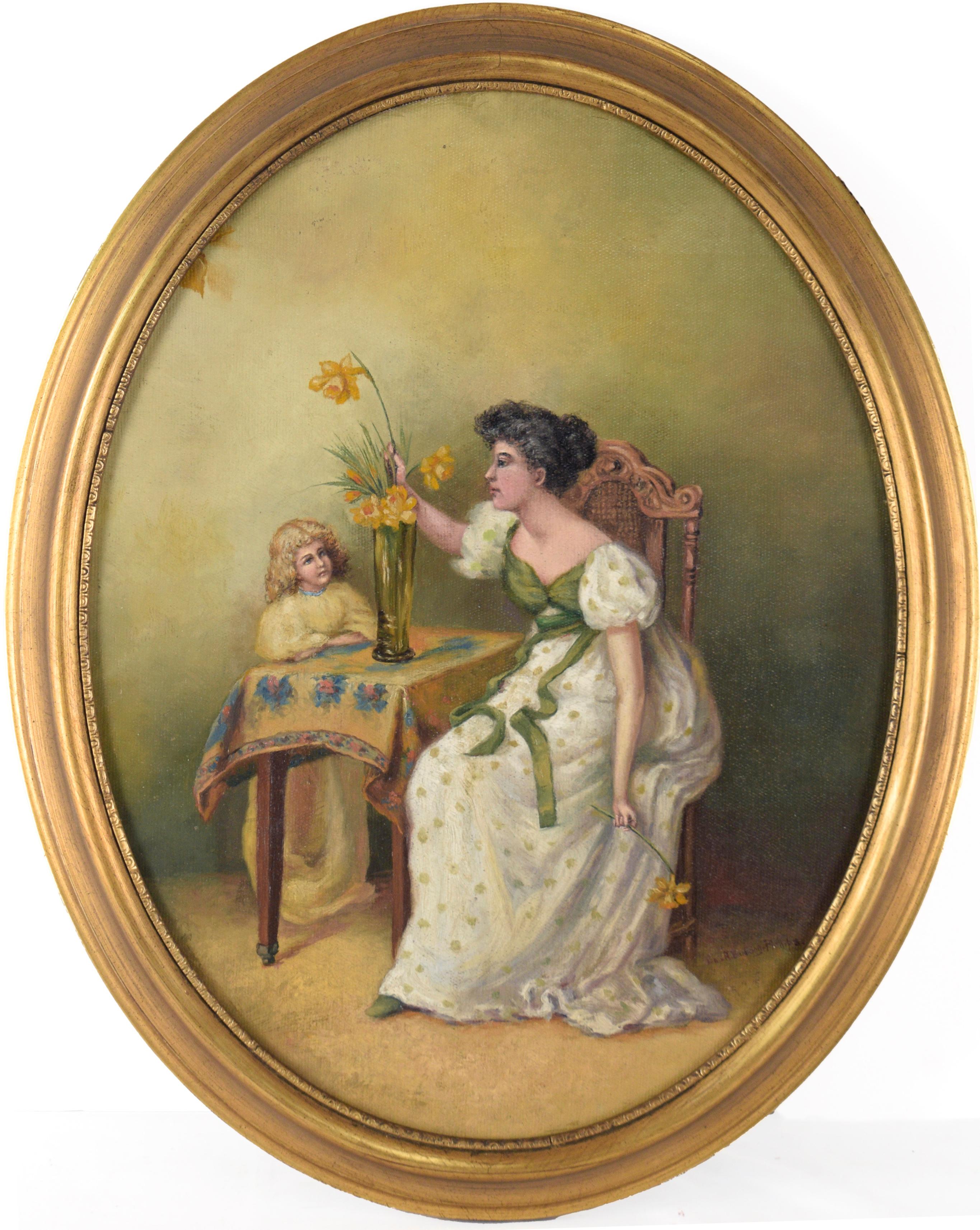 Mother and Daughter Arranging Daffodils in a Vase - Oil on Canvas