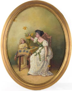 Antique Mother and Daughter Arranging Daffodils in a Vase - Oil on Canvas