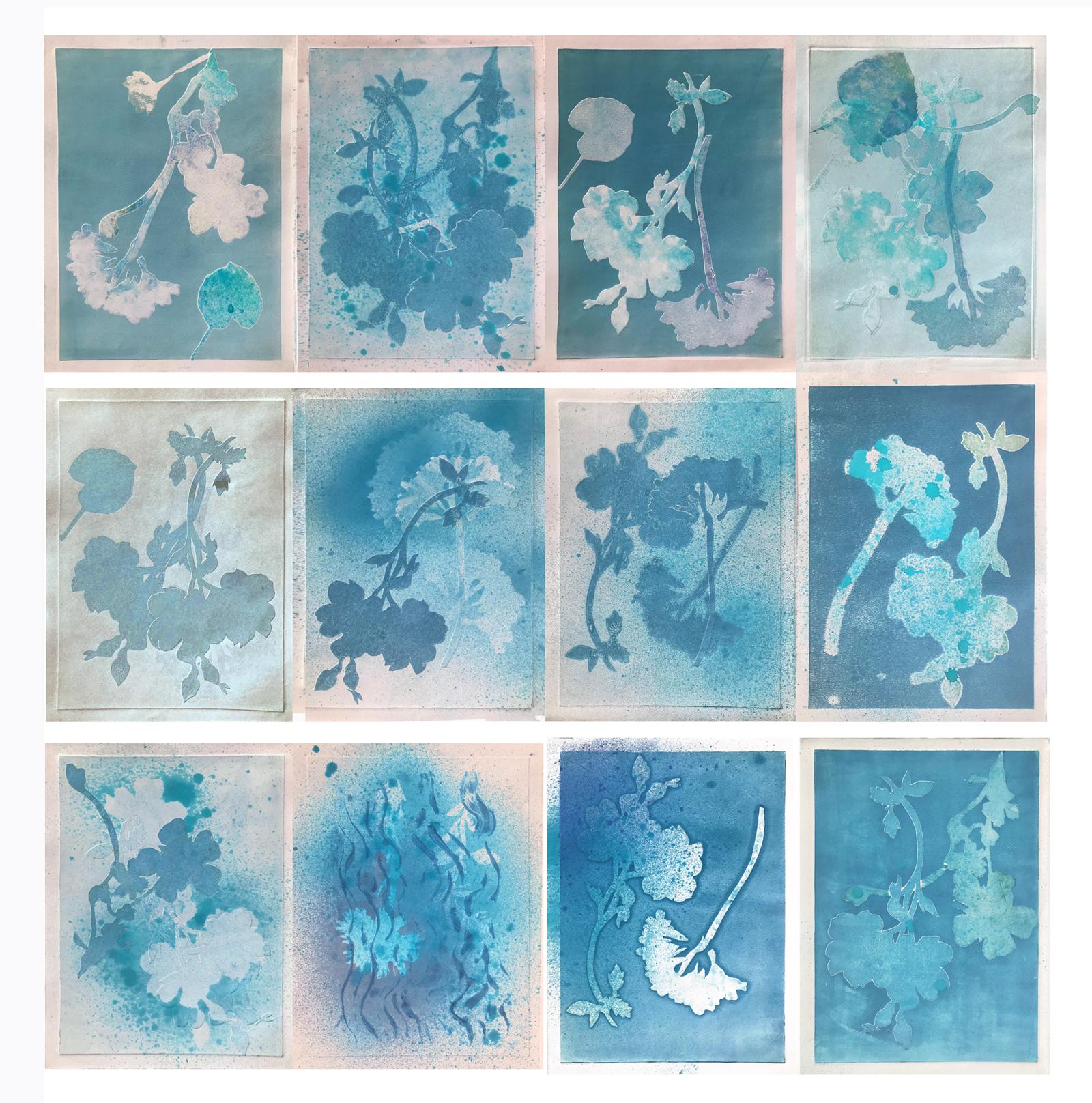 Lois Bender Still-Life Print - Flower Shadows I, 12 individual floral monotypes together in a grid