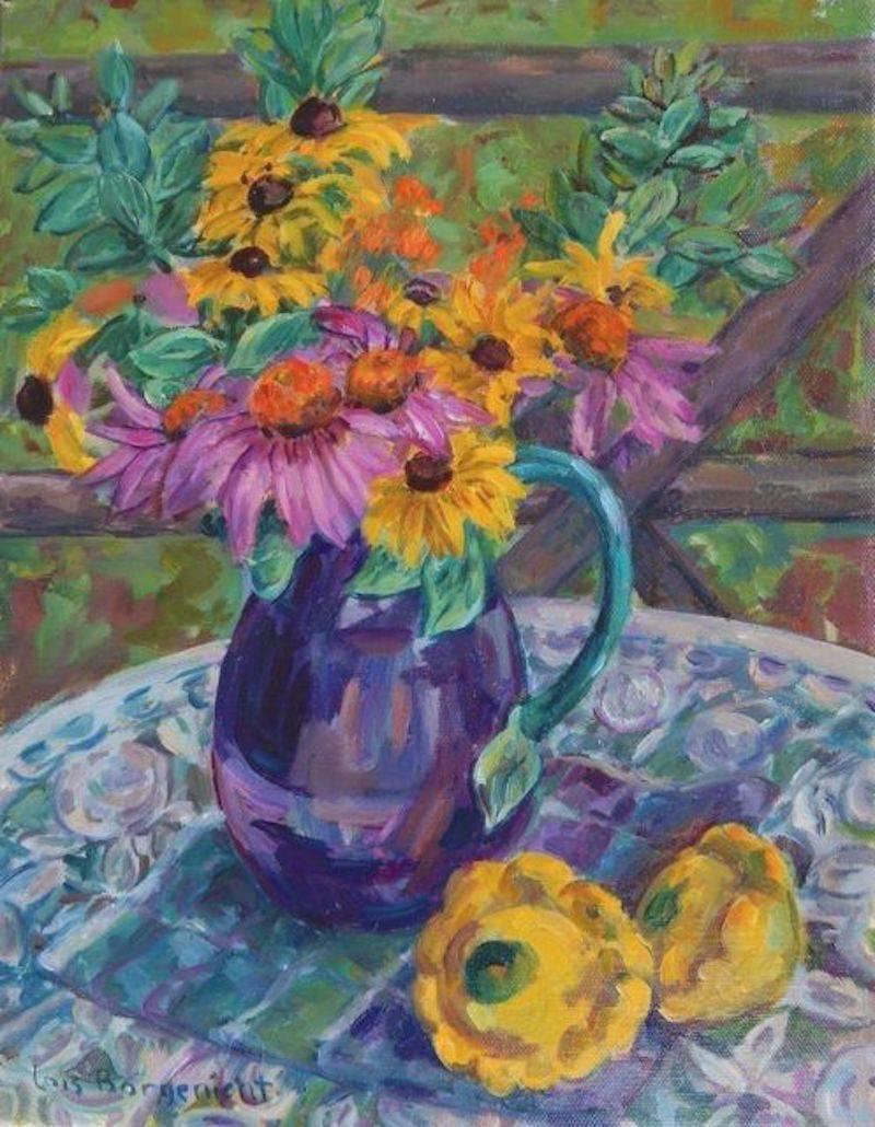 Lois Borgenicht Still-Life Painting - Patty Pans and Eggplant Pitcher