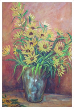 Mid-Century Black-Eyed Susan Still Life, Signed Oil Painting