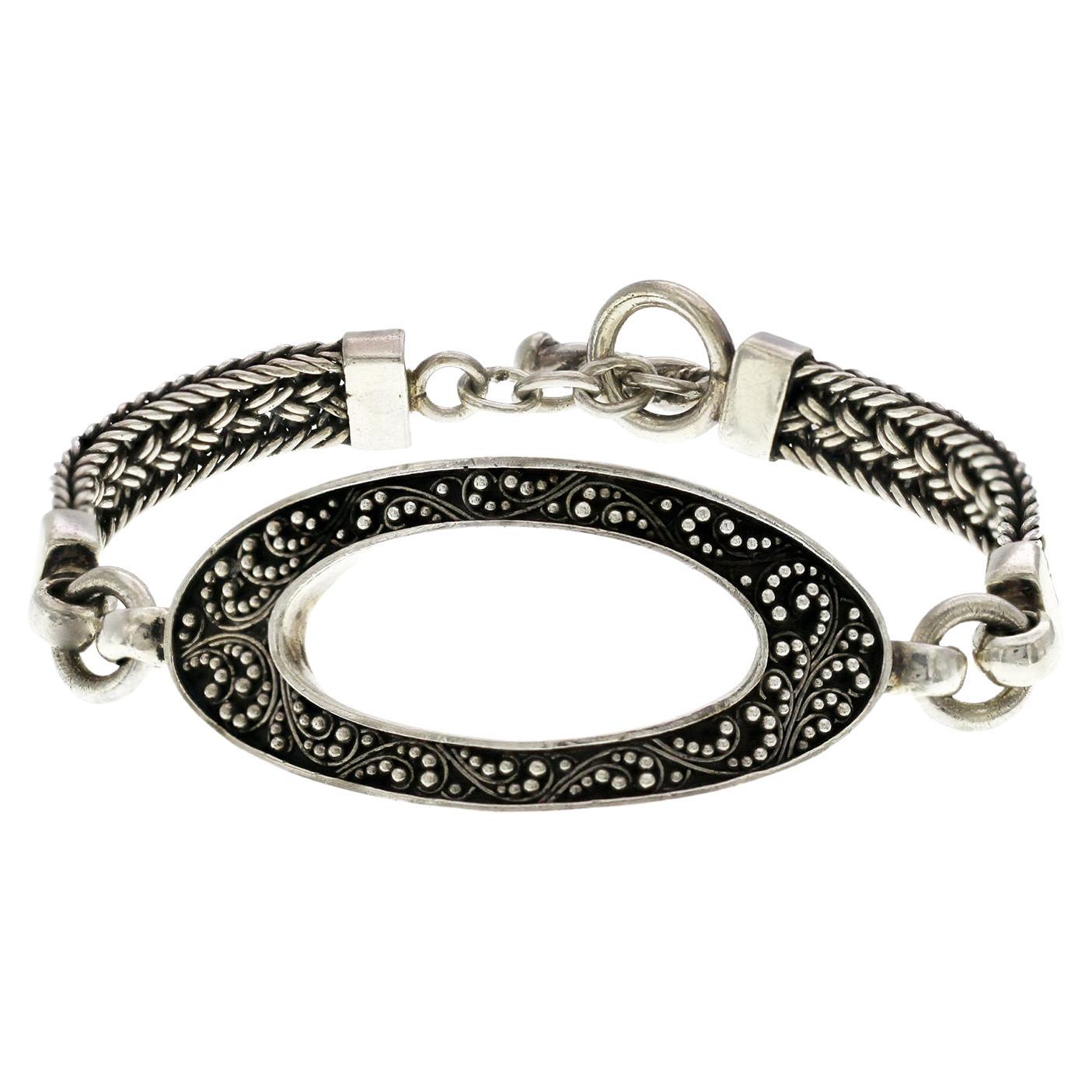 Lois Hill 925 Silver Woven Toggle Granulated Scroll Bracelet For Sale
