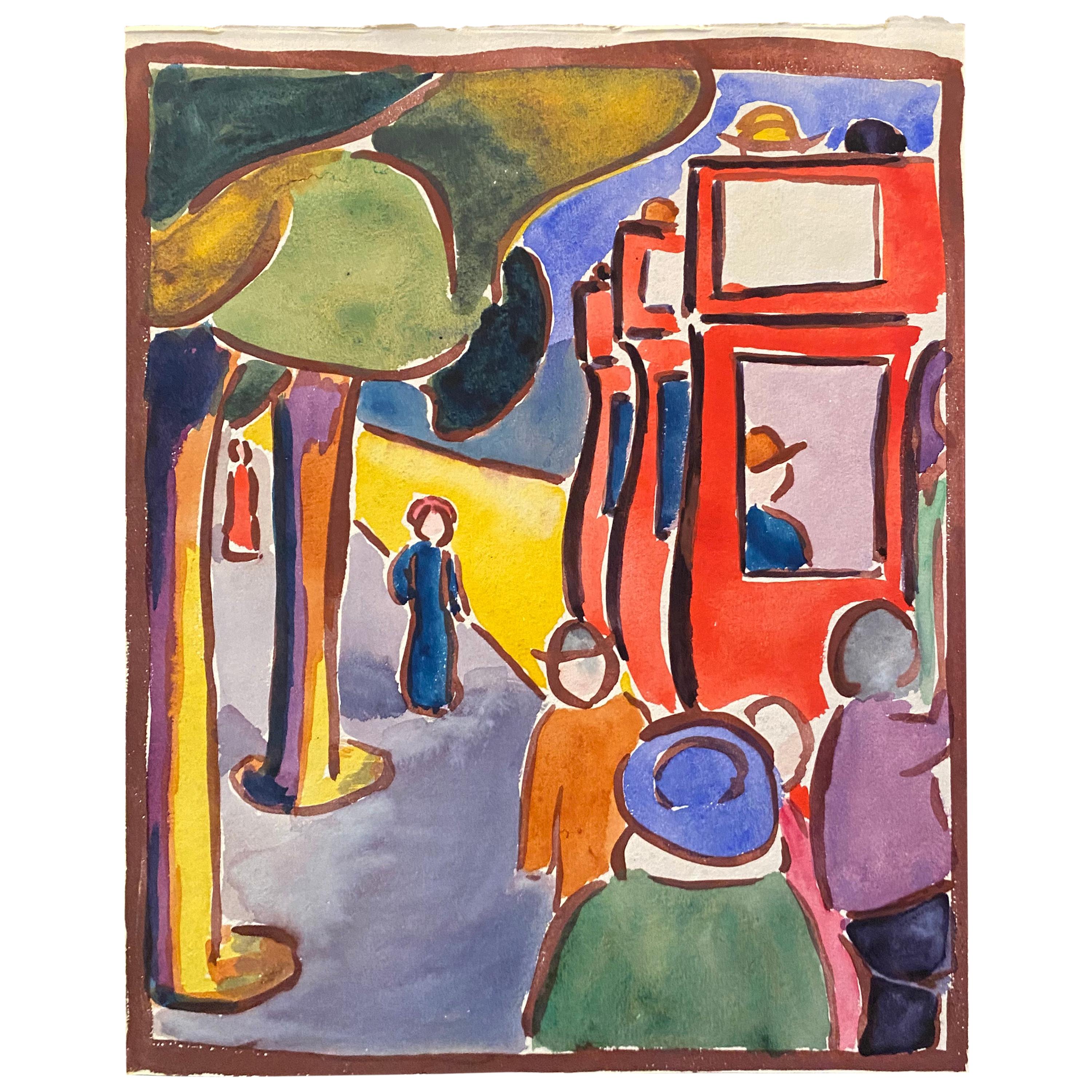 Loïs Hutton "Promeneurs" Gouache on Paper, Dated on the Reverse For Sale