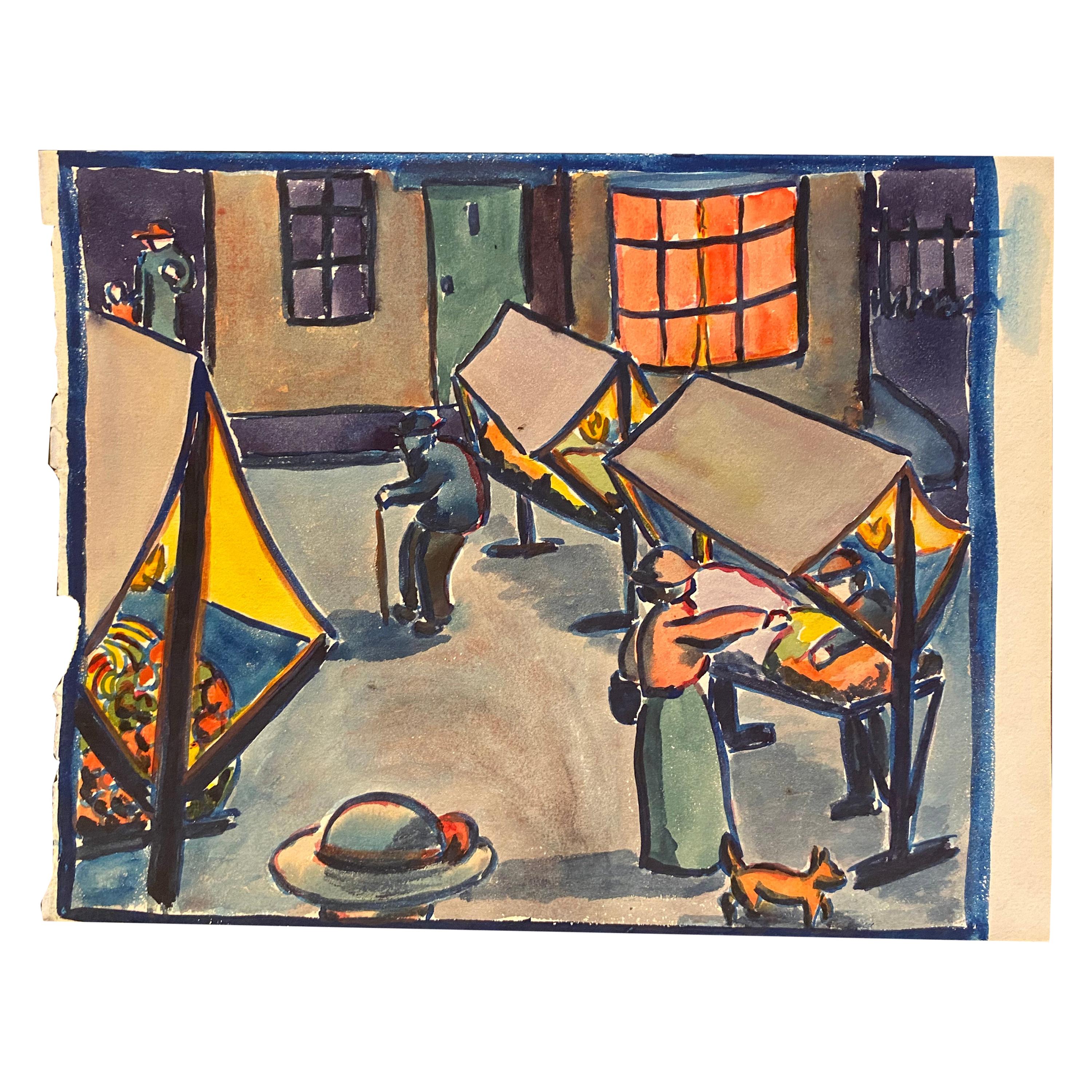 Loïs Hutton "Jour de marché" Gouache on Paper, Dated on the Reverse For Sale