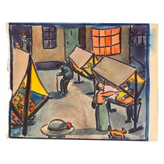 Antique Loïs Hutton "Jour de marché" Gouache on Paper, Dated on the Reverse