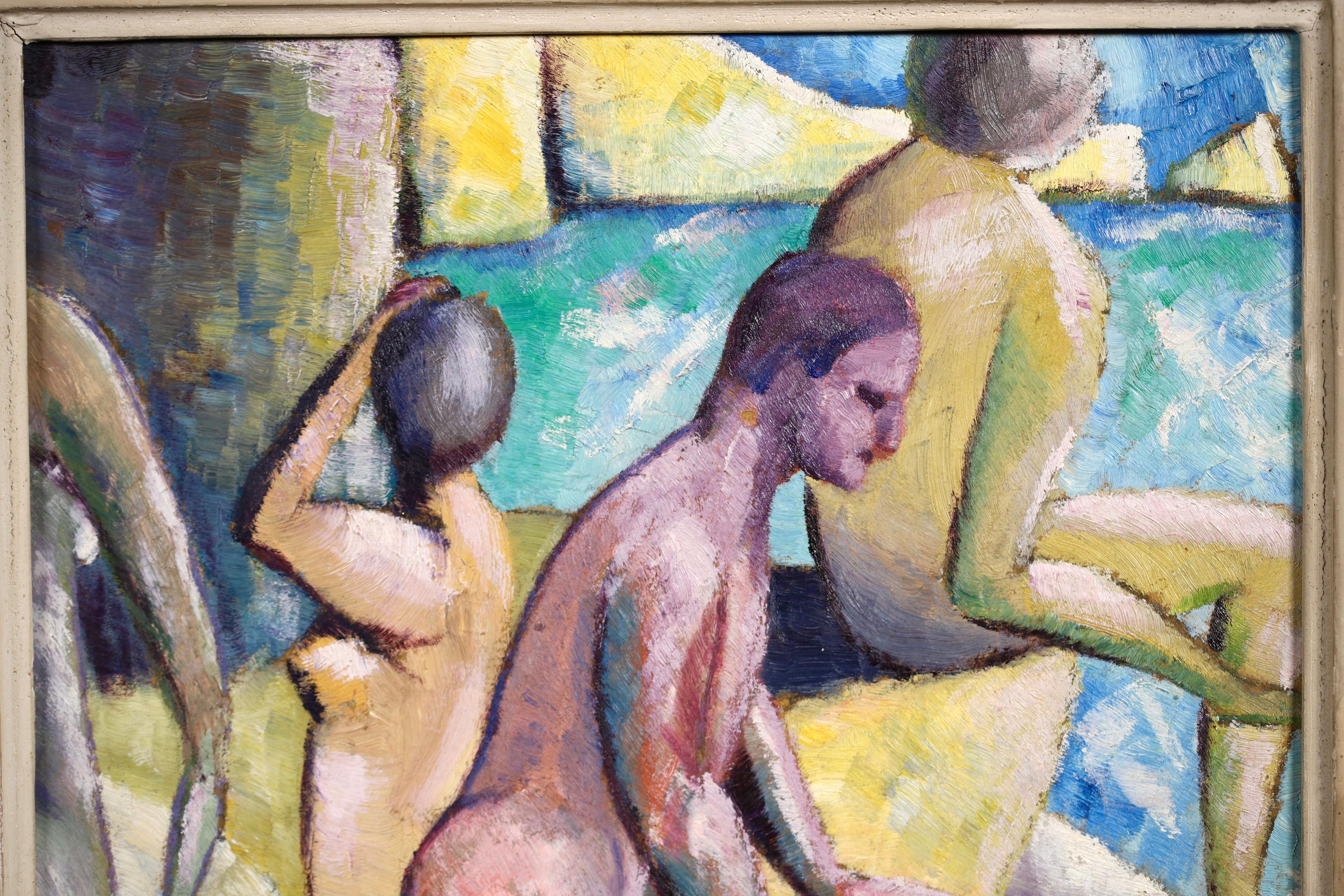 A wonderful cubist oil on board circa 1920 by Lois Hutton depicting John Duncan Fergusson – Bathing at Eden Roc. The piece is painted in wonderful blues and yellows with the figure at the forefront standing out in pinks and purples.

With thanks to