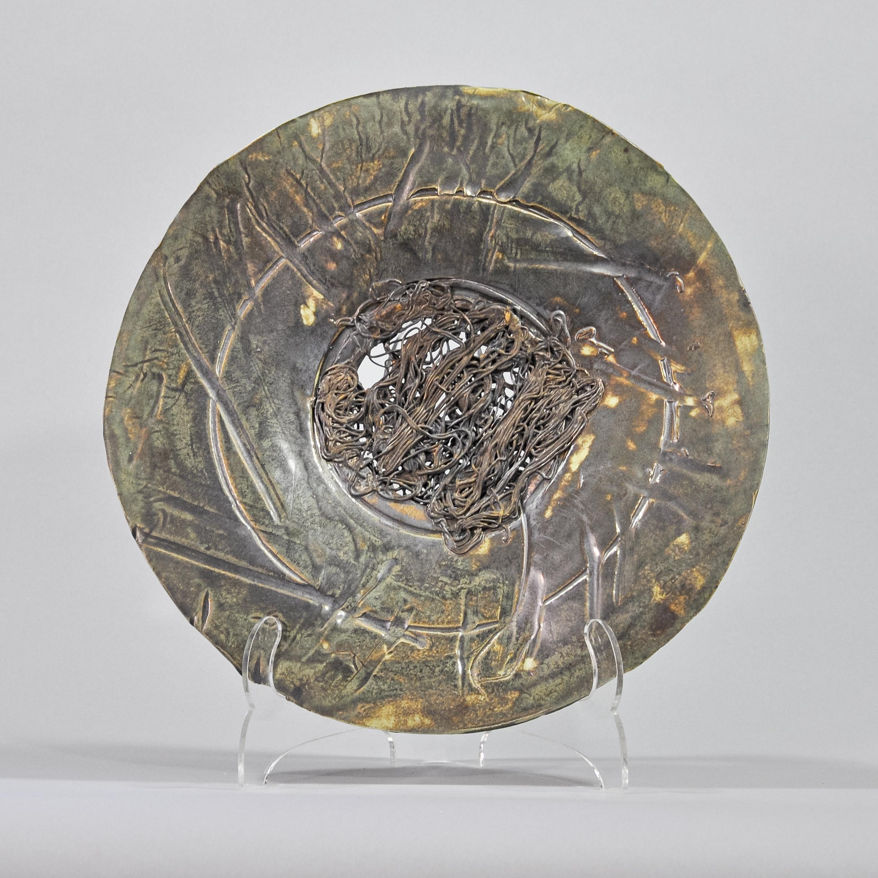 Lois Sattler Abstract Sculpture - Green metallic platter with bronze filagree center.