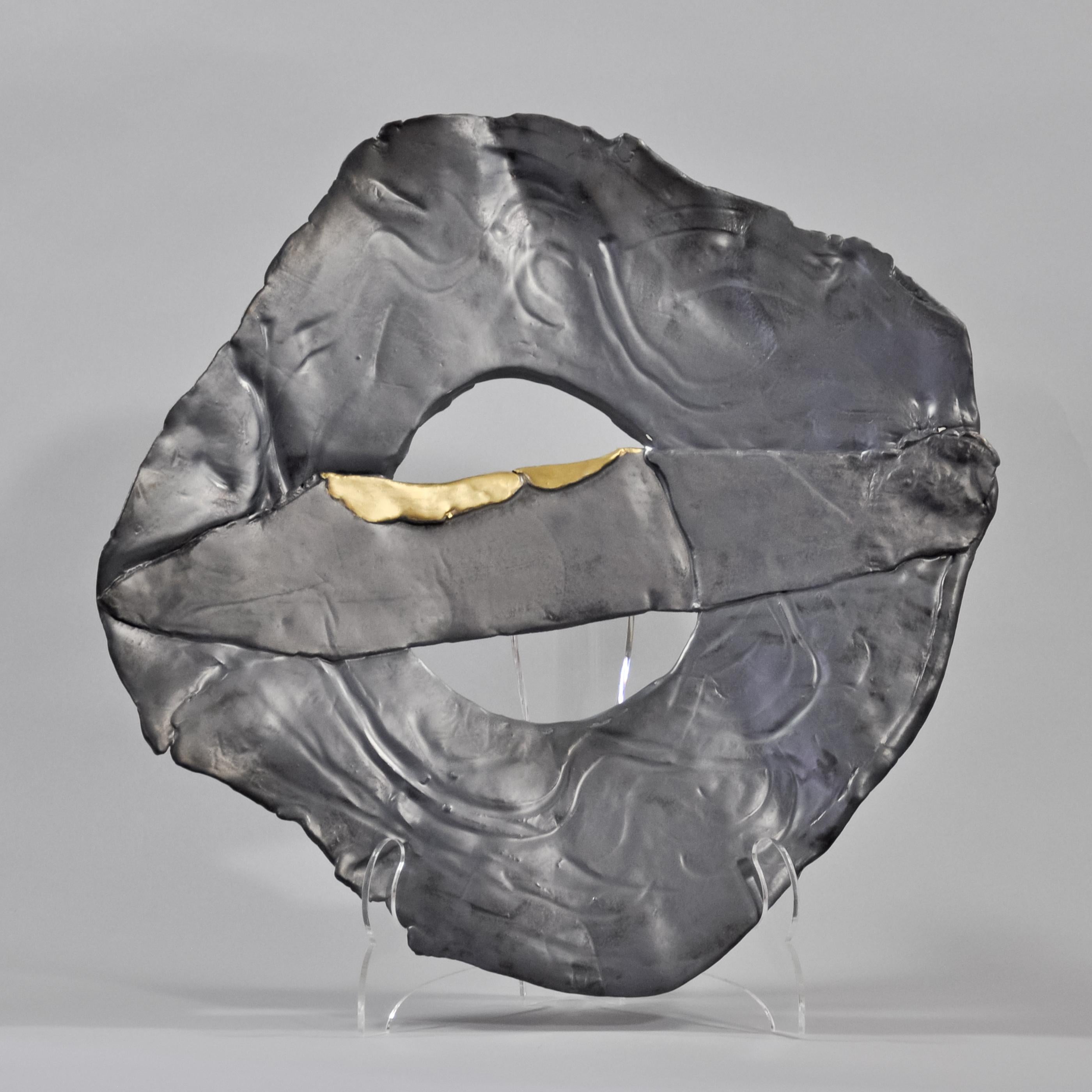 Steel Tone Metallic Platter with Gold Accent, Abstract Sculpture, 2021