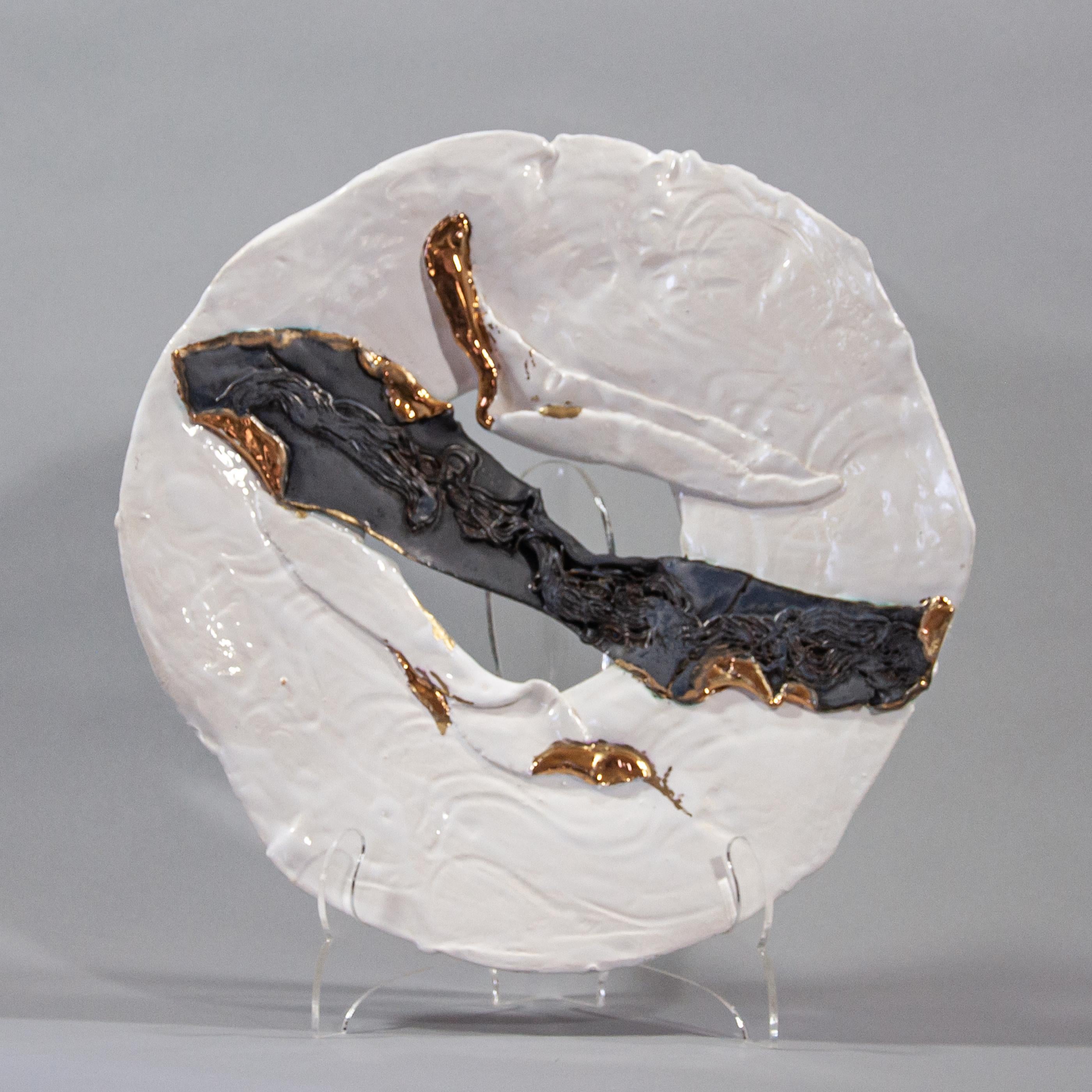 Lois Sattler Abstract Sculpture - White and Black Platter with Gold Accents