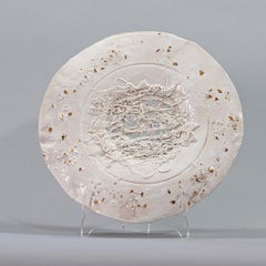 White Platter with Filigree Center and Gold Accents, Abstract Sculpture, 2021