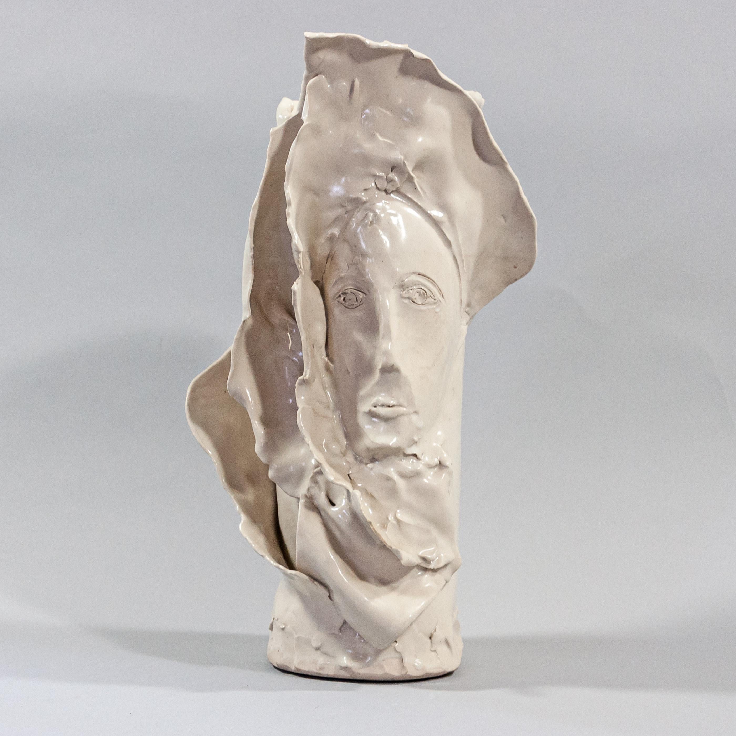 Lois Sattler Abstract Sculpture - White porcelain vase with face #2