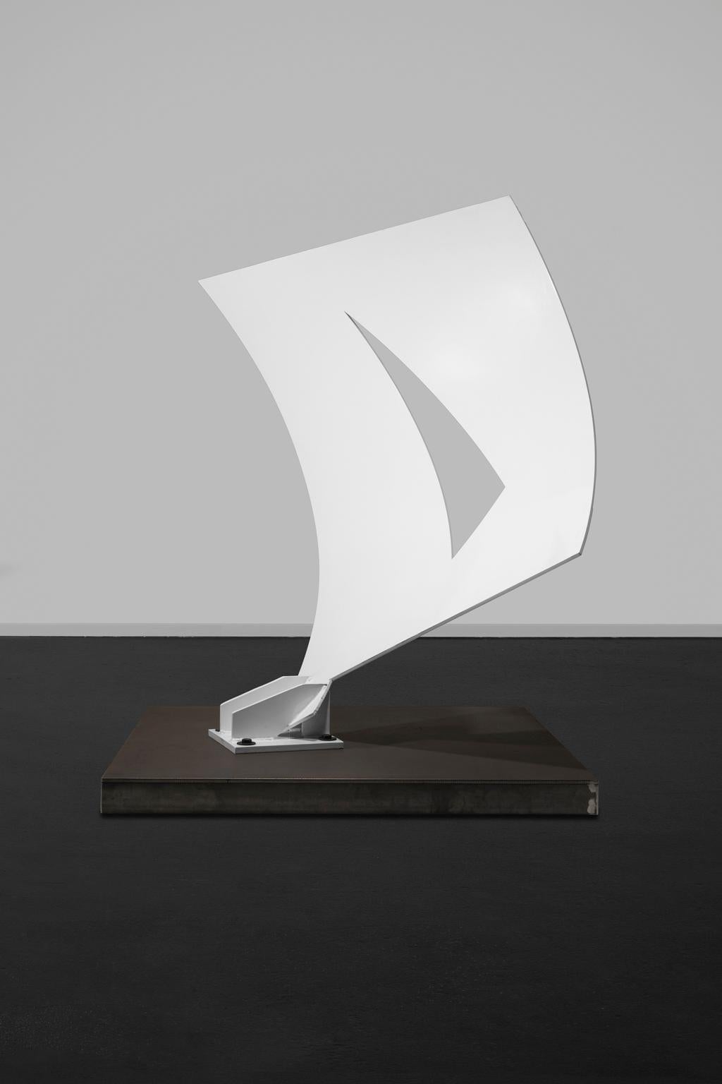 Lois Teicher Abstract Sculpture - "Curved Form with Space" White Stainless St, Rectangle, Triangle, Negative Space