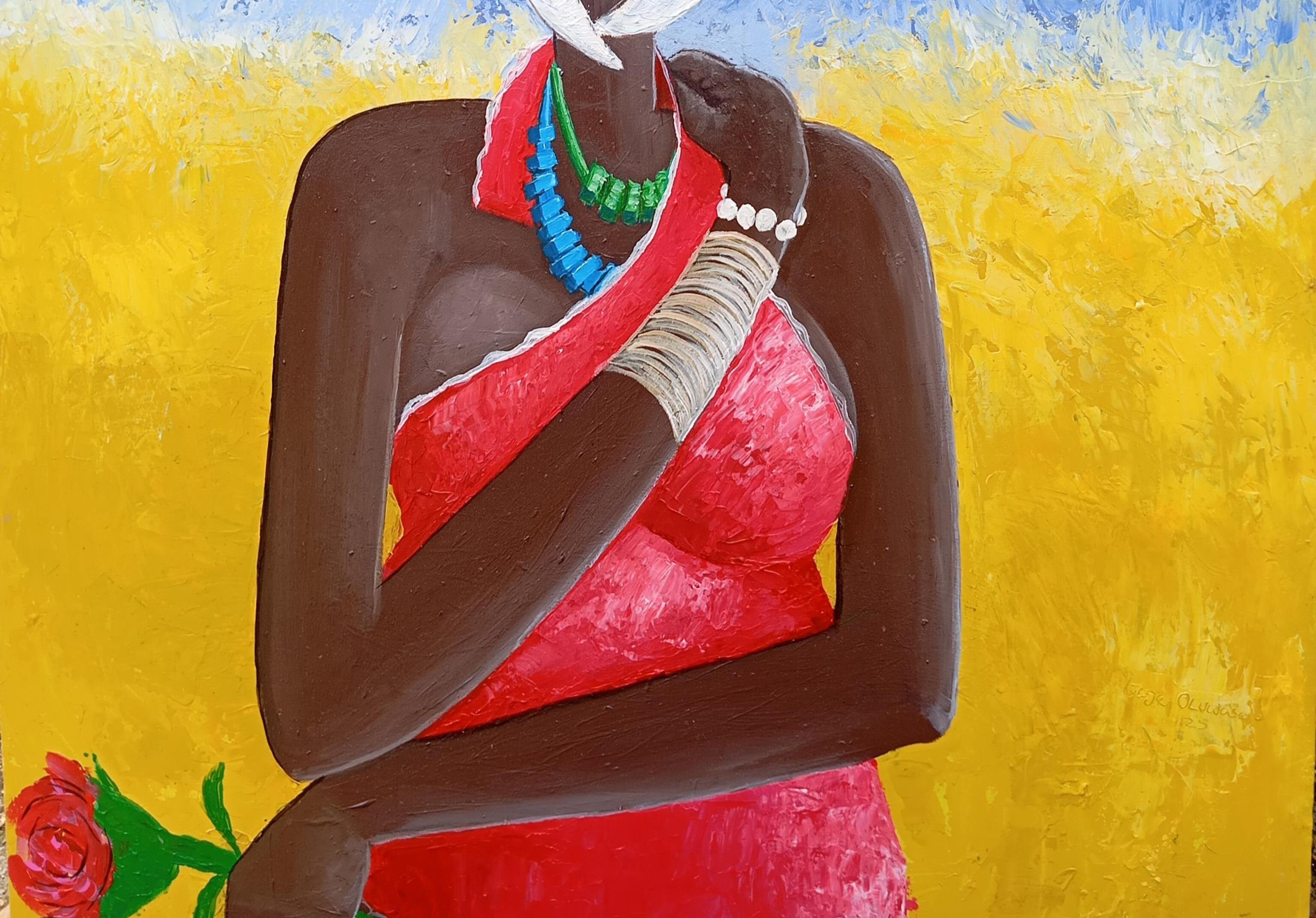 African Tribe 2 - 21st Century, Contemporary, Figurative Portrait, Women, Floral - Neo-Expressionist Painting by Loje Oluwaseun 