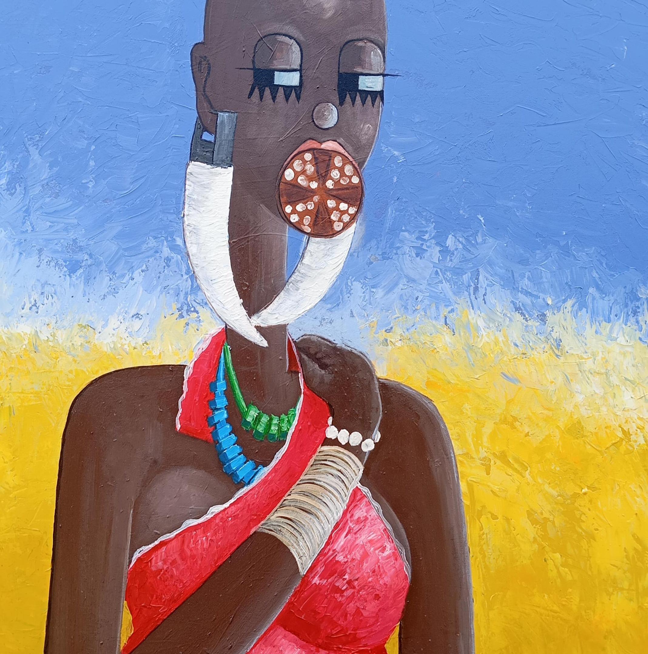 African Tribe 2 - 21st Century, Contemporary, Figurative Portrait, Women, Floral - Blue Portrait Painting by Loje Oluwaseun 
