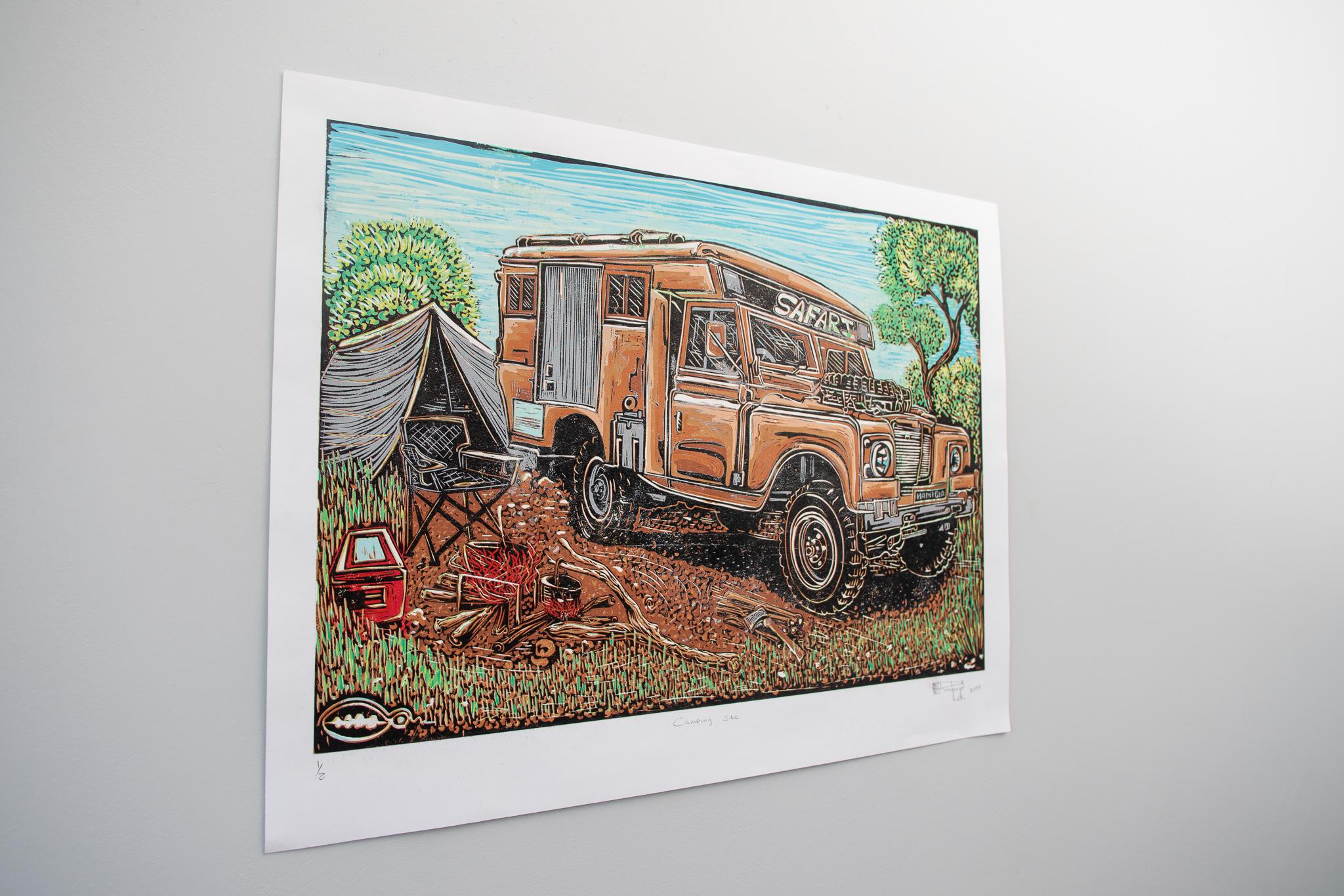 Camping site, Lok Kandjengo, Linoleum Block Print on Paper For Sale 5