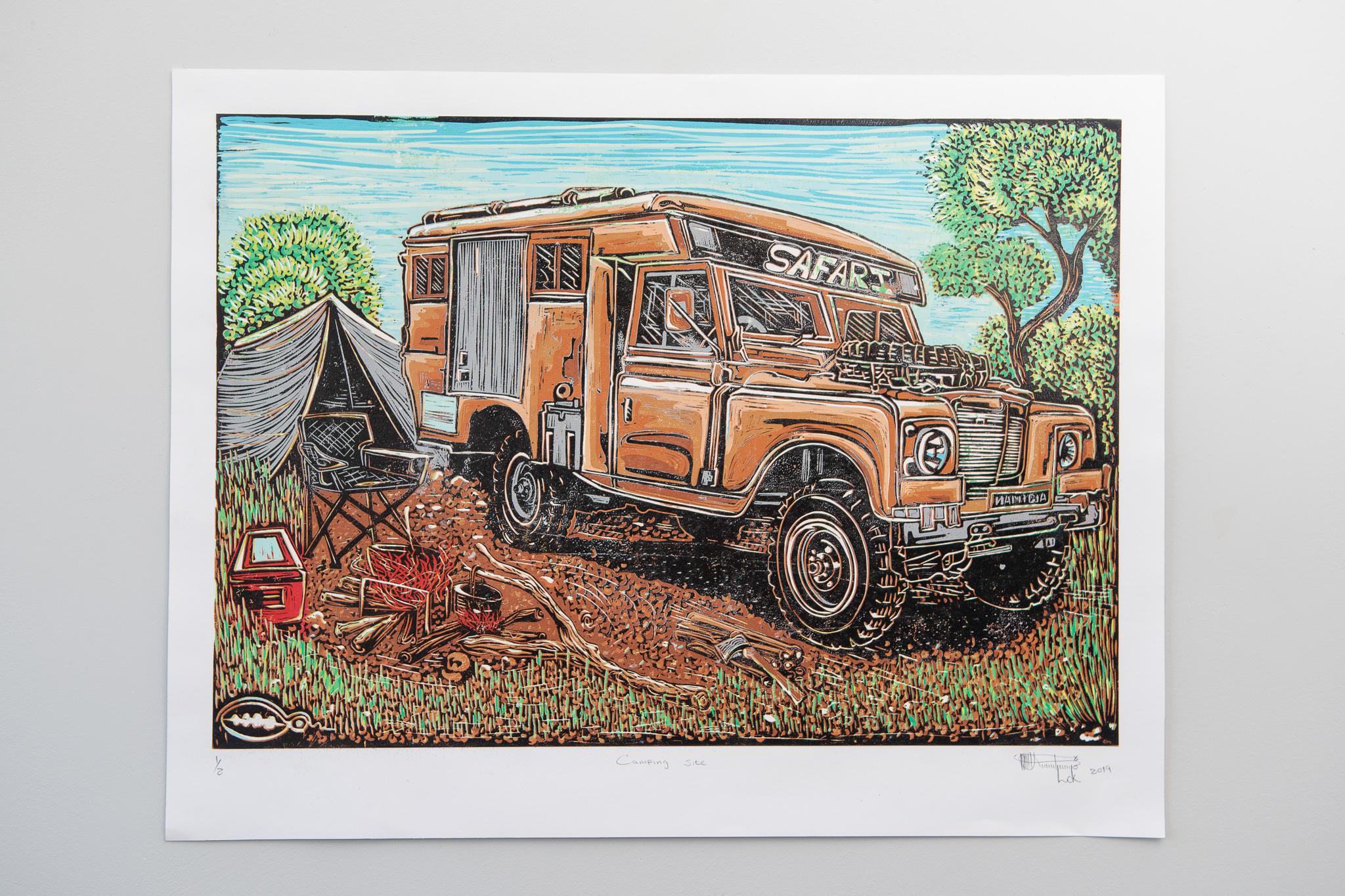 Camping site, Lok Kandjengo, Linoleum Block Print on Paper