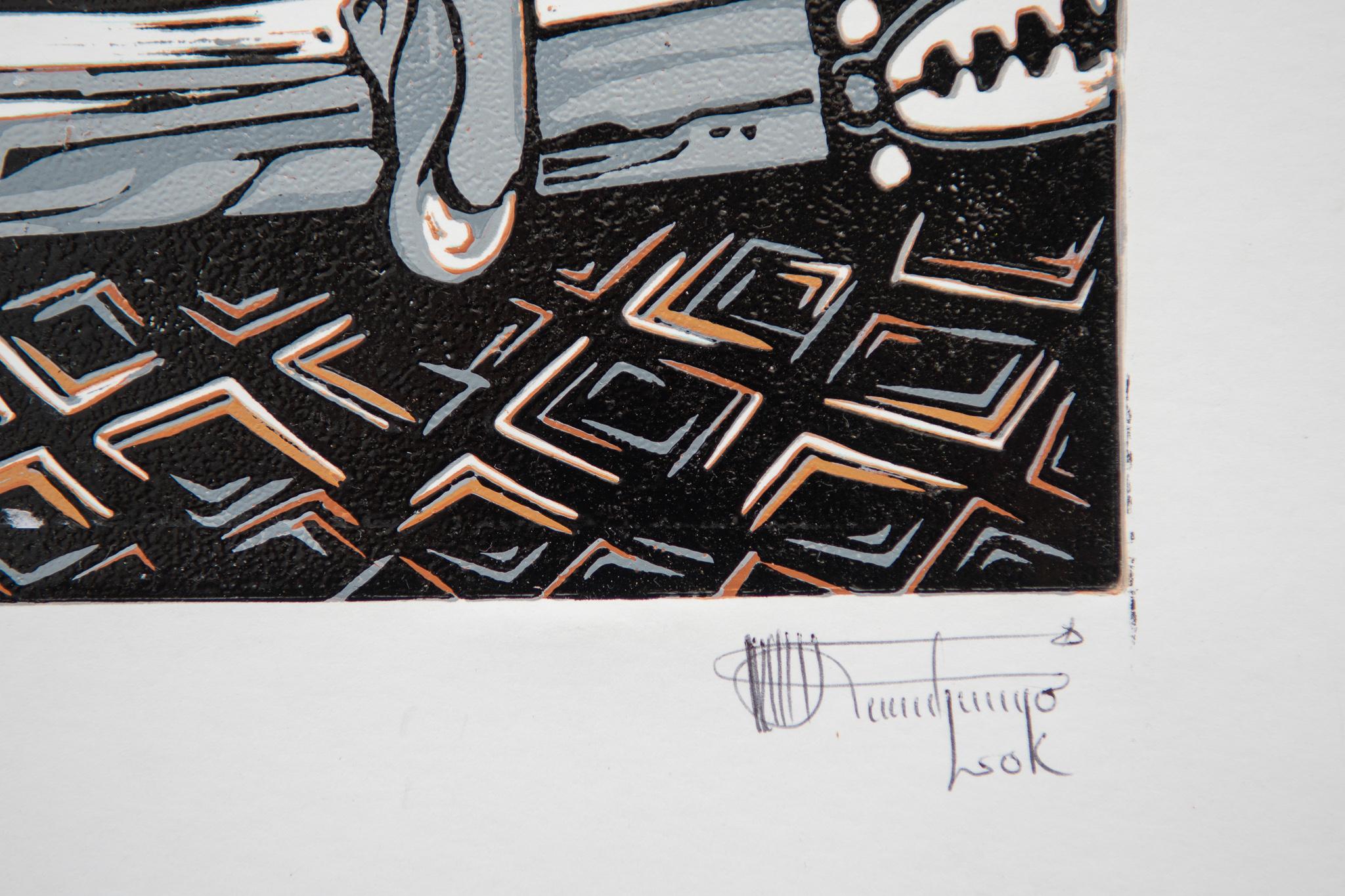 Classic old bug, Lok Kandjengo, Linoleum Block Print on Paper For Sale 2