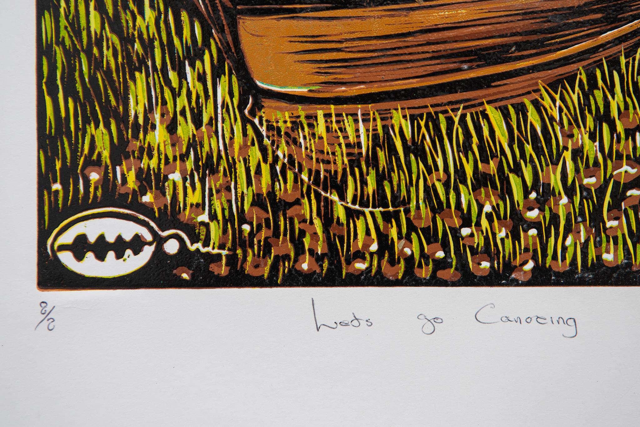 Let's Go Canoeing, Lok Kandjengo, Linoleum Block Print on Paper For Sale 2