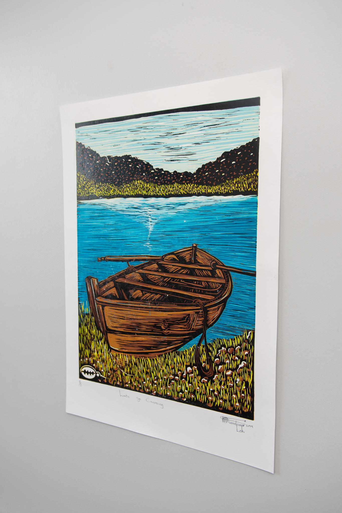 Let's Go Canoeing, Lok Kandjengo, Linoleum Block Print on Paper For Sale 4