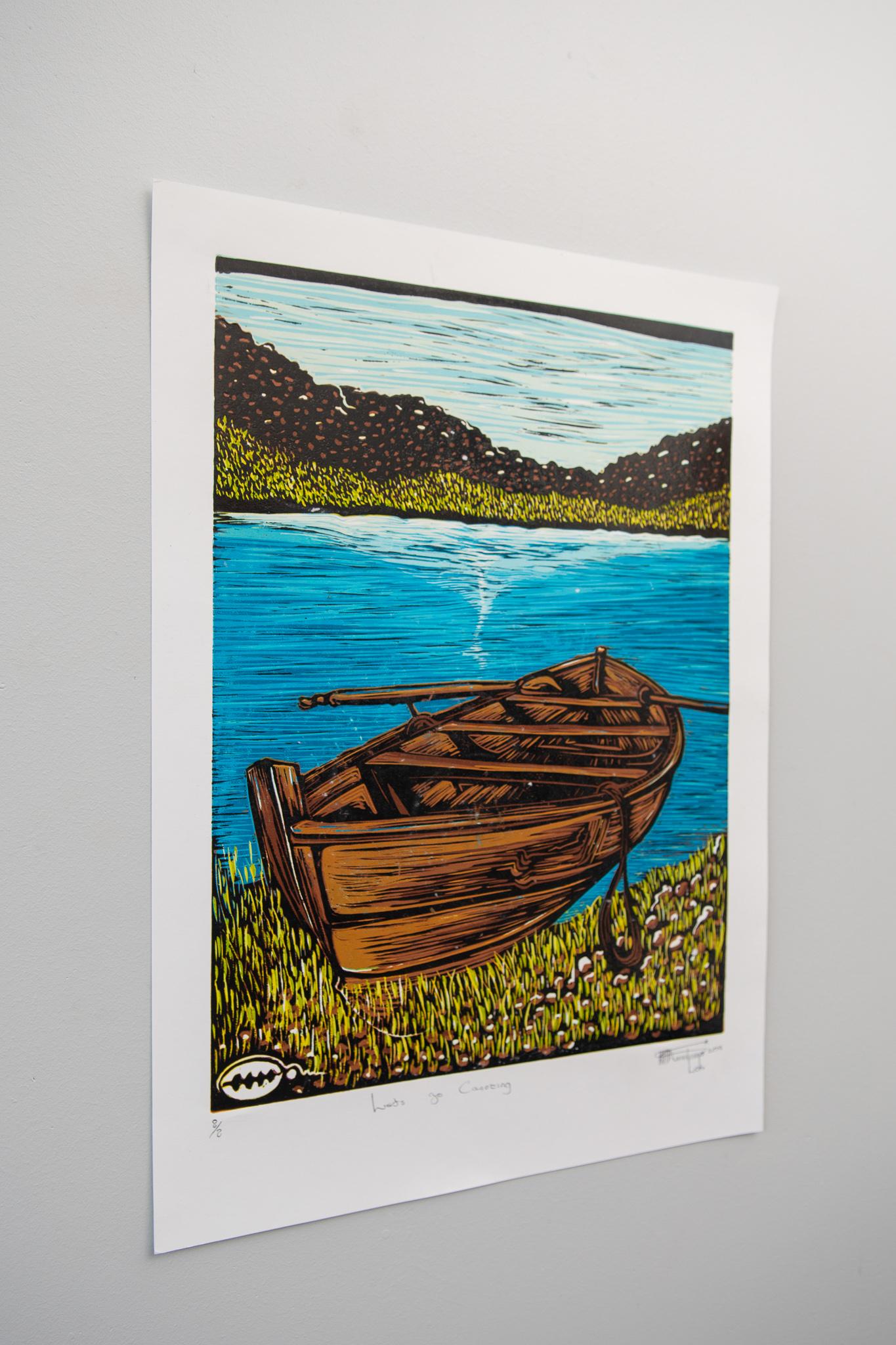 Let's Go Canoeing, Lok Kandjengo, Linoleum Block Print on Paper For Sale 5