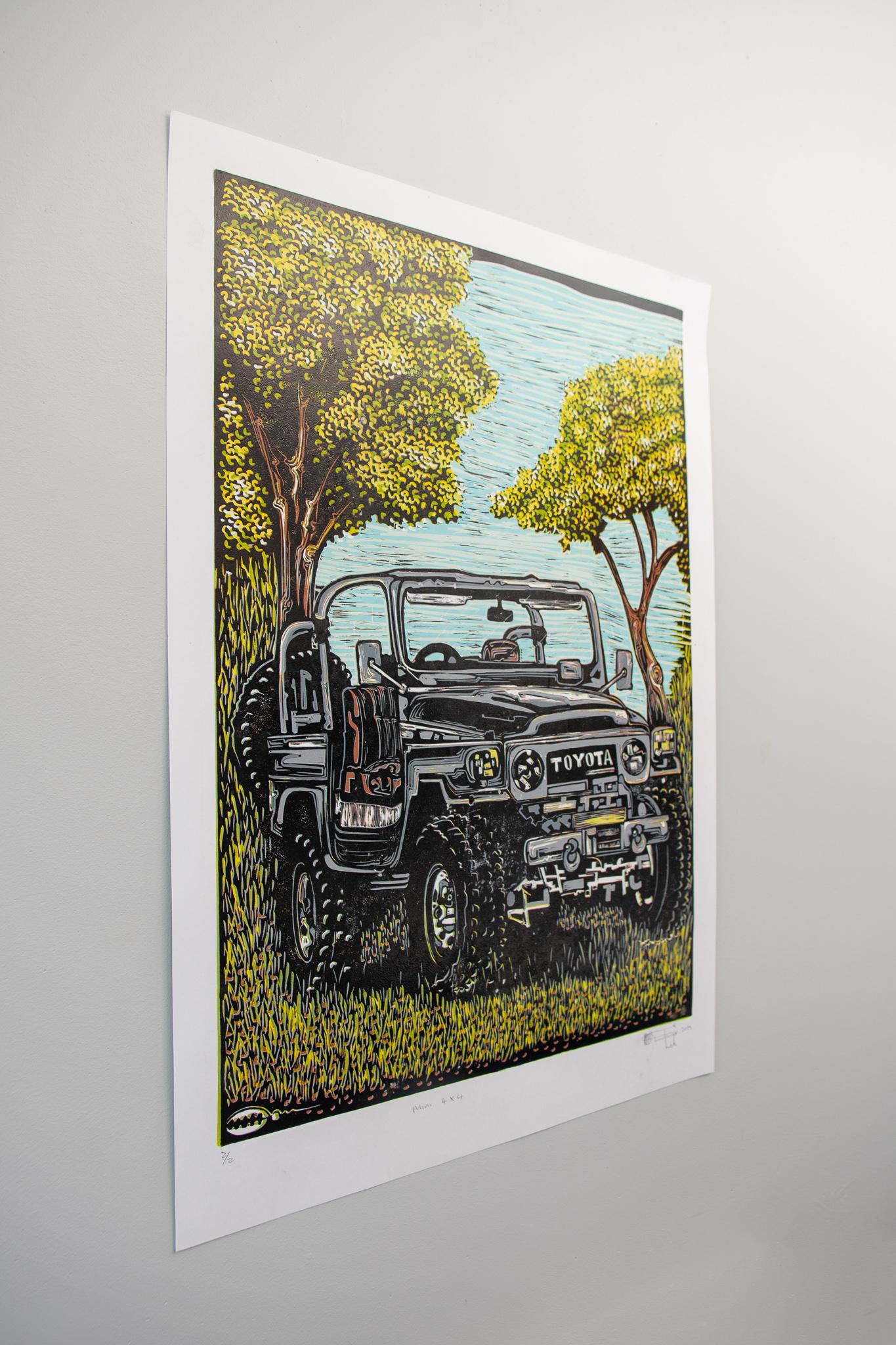 Mini 4x4, Lok Kandjengo, Linoleum Block Print on Paper For Sale 3