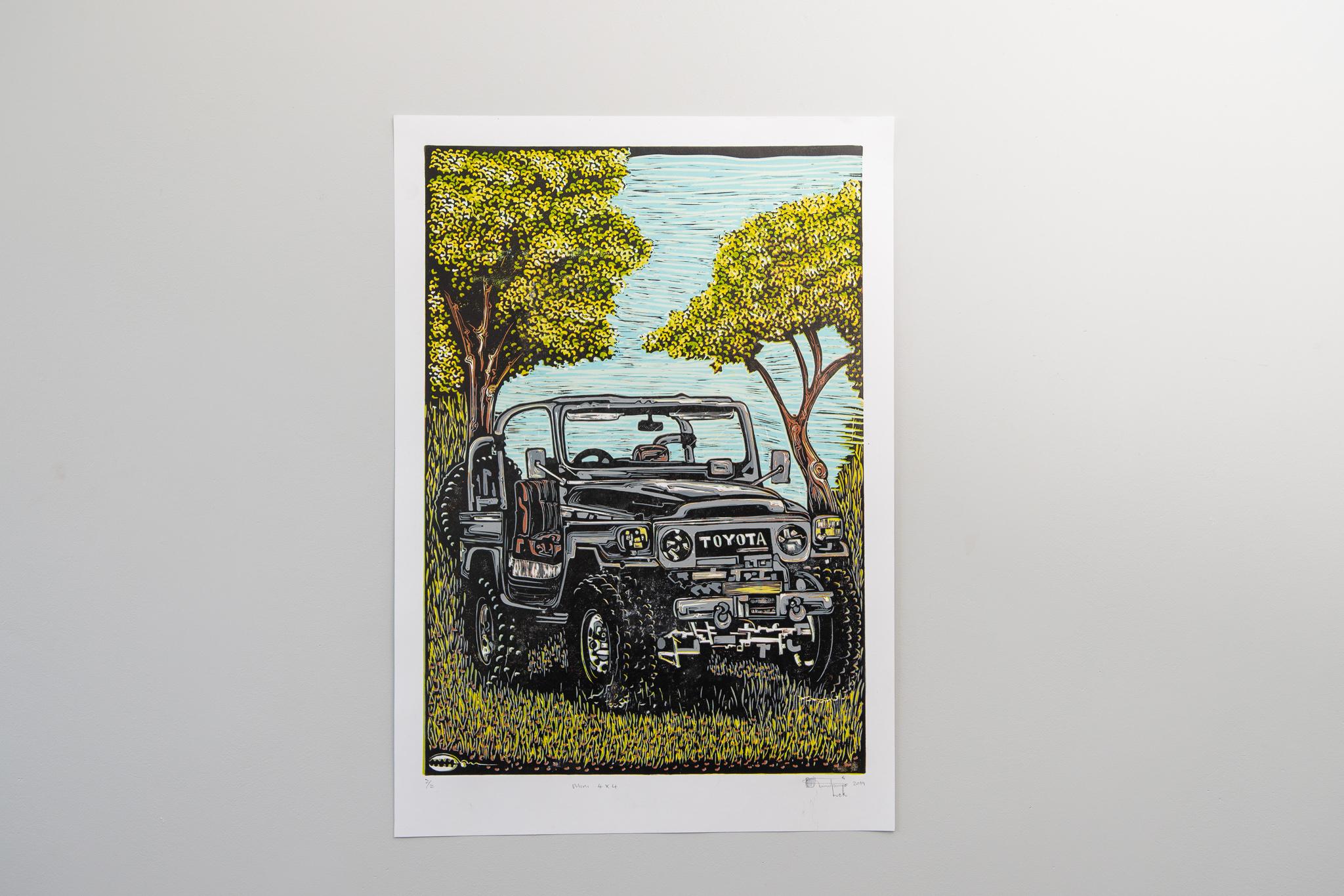 Mini 4x4, Lok Kandjengo, Linoleum Block Print on Paper For Sale 4
