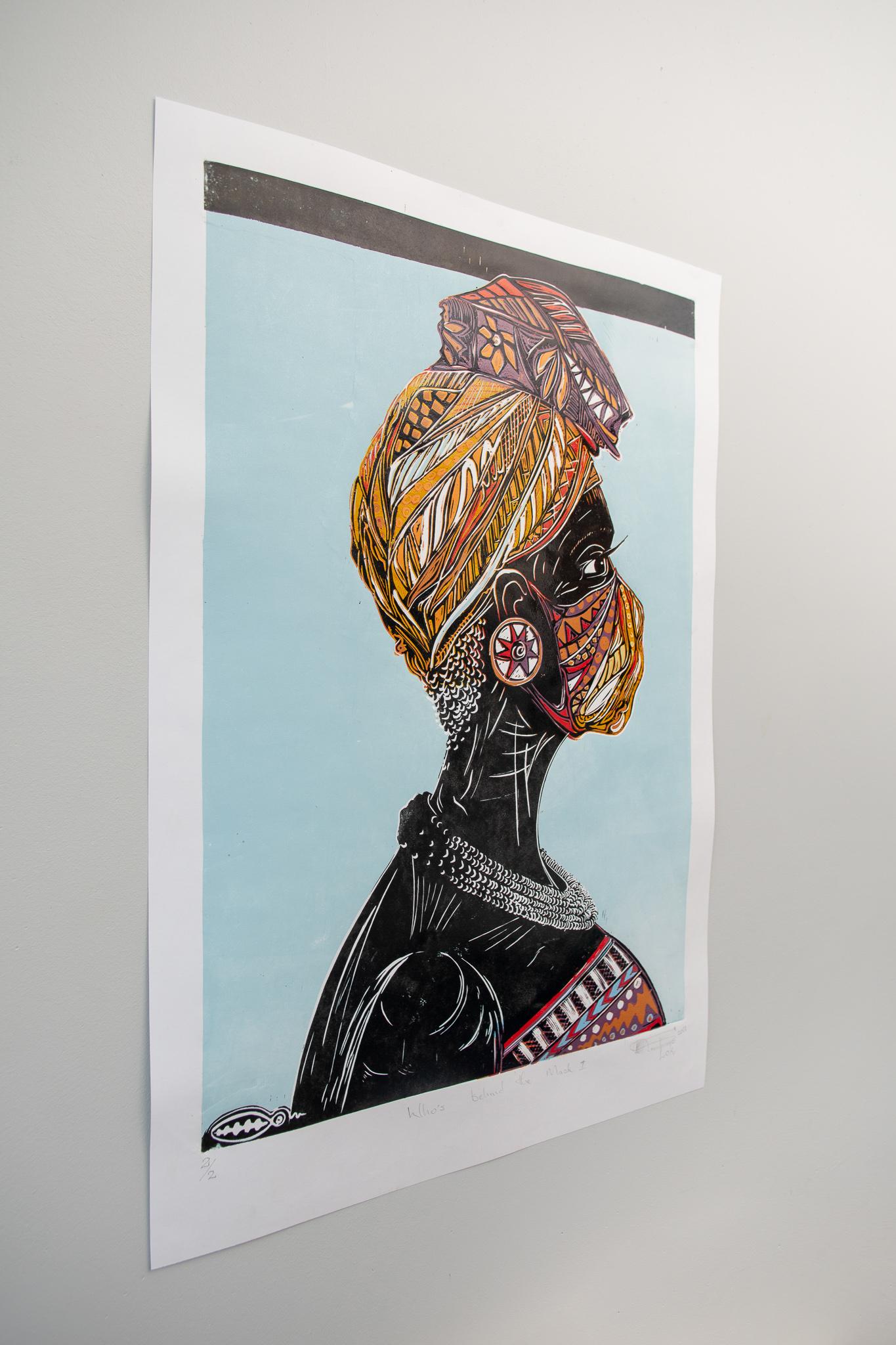 Who's behind the mask I, Lok Kandjengo, Linoleum Block Print on Paper 6
