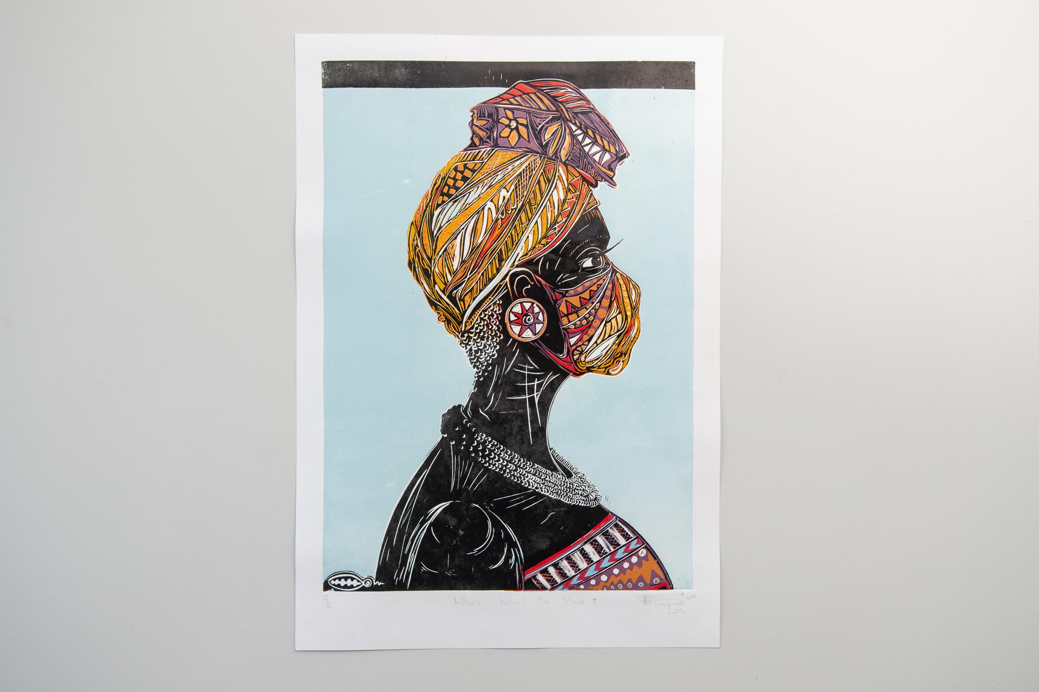 Who's behind the mask I, Lok Kandjengo, Linoleum Block Print on Paper 7