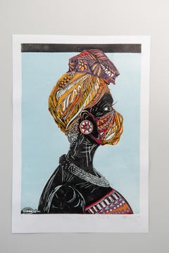 Who's behind the mask I, Lok Kandjengo, Linoleum Block Print on Paper